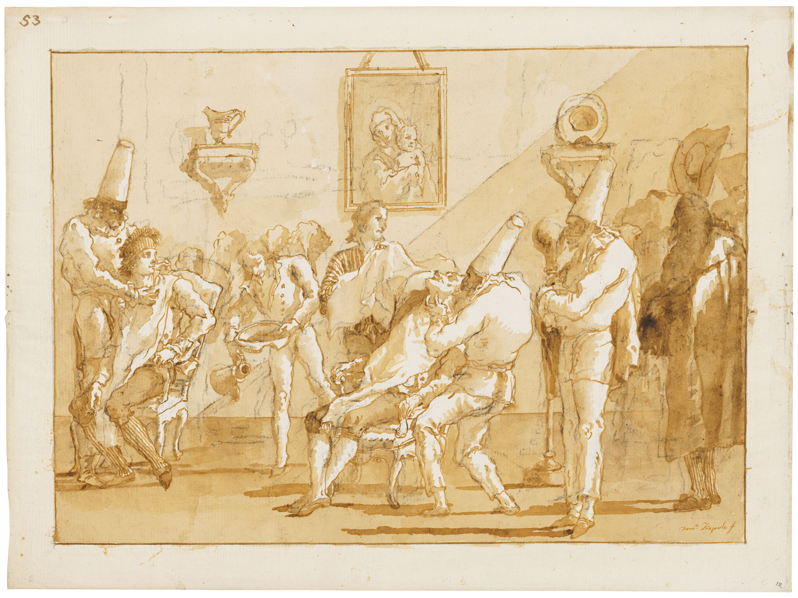 Giovanni Domenico Tiepolo (1727-1804), Punchinellos in a barber&rsquo;s shop. Black chalk, pen and brown ink, brown wash. 13⅝ x 18⅜  in (34.5 x 46.6  cm). Estimate: &pound;300,000-400,000. Offered in Classic Art Evening Sale: Antiquity to 20th Century on 29 July 2020 at Christie&rsquo;s in London