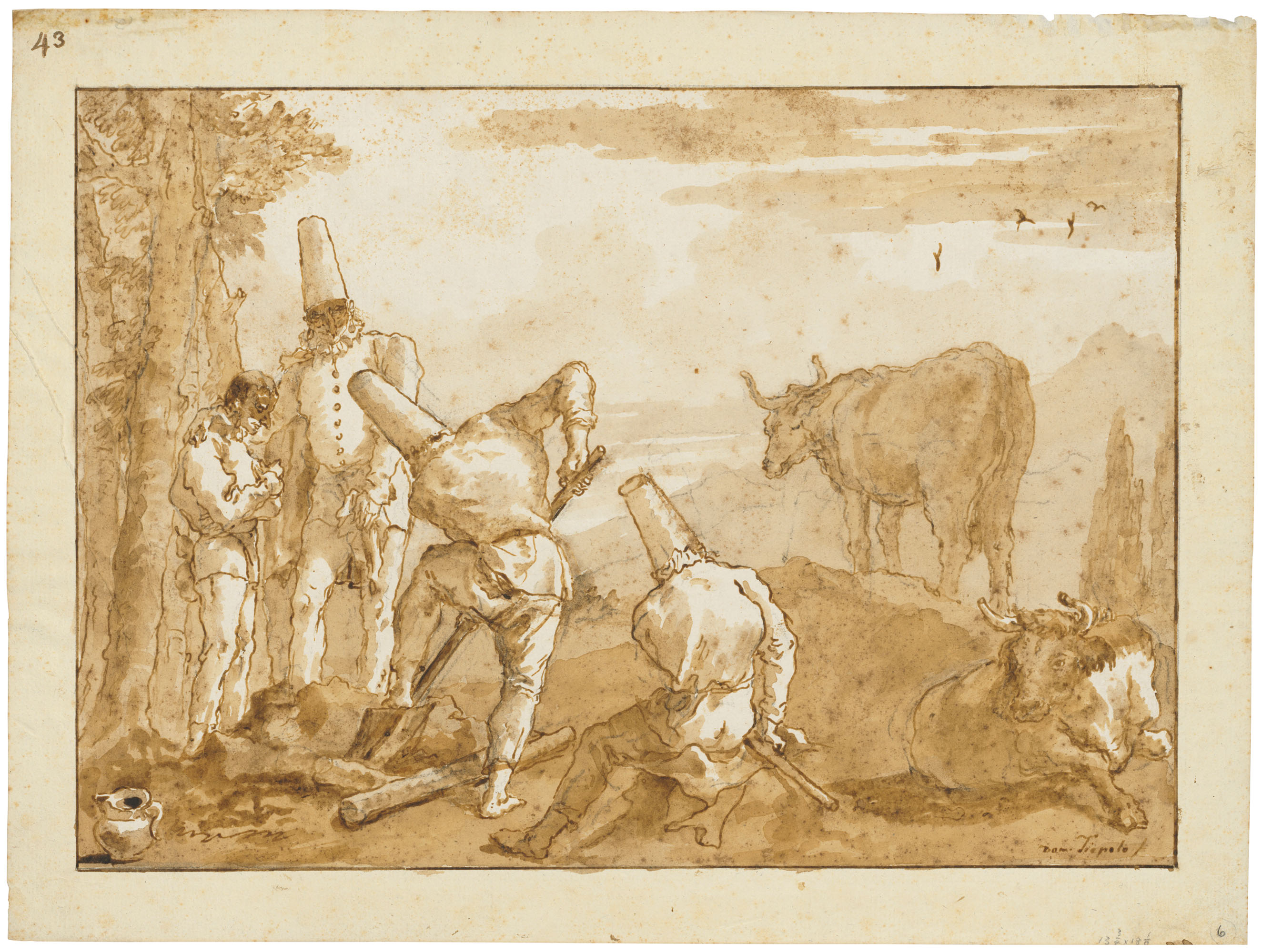 Giovanni Domenico Tiepolo (1727-1804), Punchinellos digging a grave. Black chalk, pen and brown ink, brown wash. 13&frac34; x 18&frac14;  in (34.8 x 46.3  cm). Estimate: &pound;150,000-250,000. Offered in Classic Art Evening Sale: Antiquity to 20th Century on 29 July 2020 at Christie&rsquo;s in London