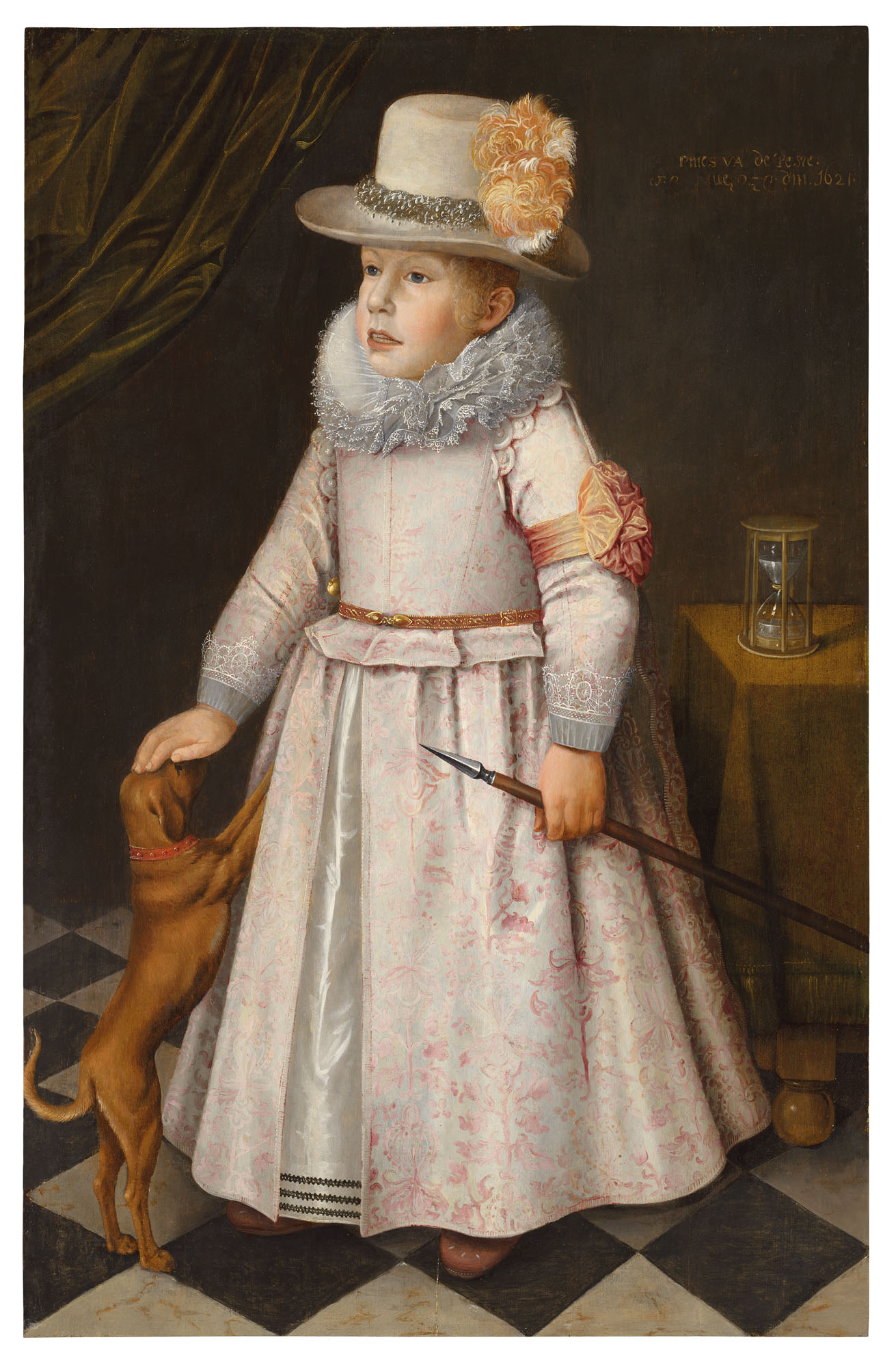 Catalog image of Portrait of a young boy holding a spear, with a dog