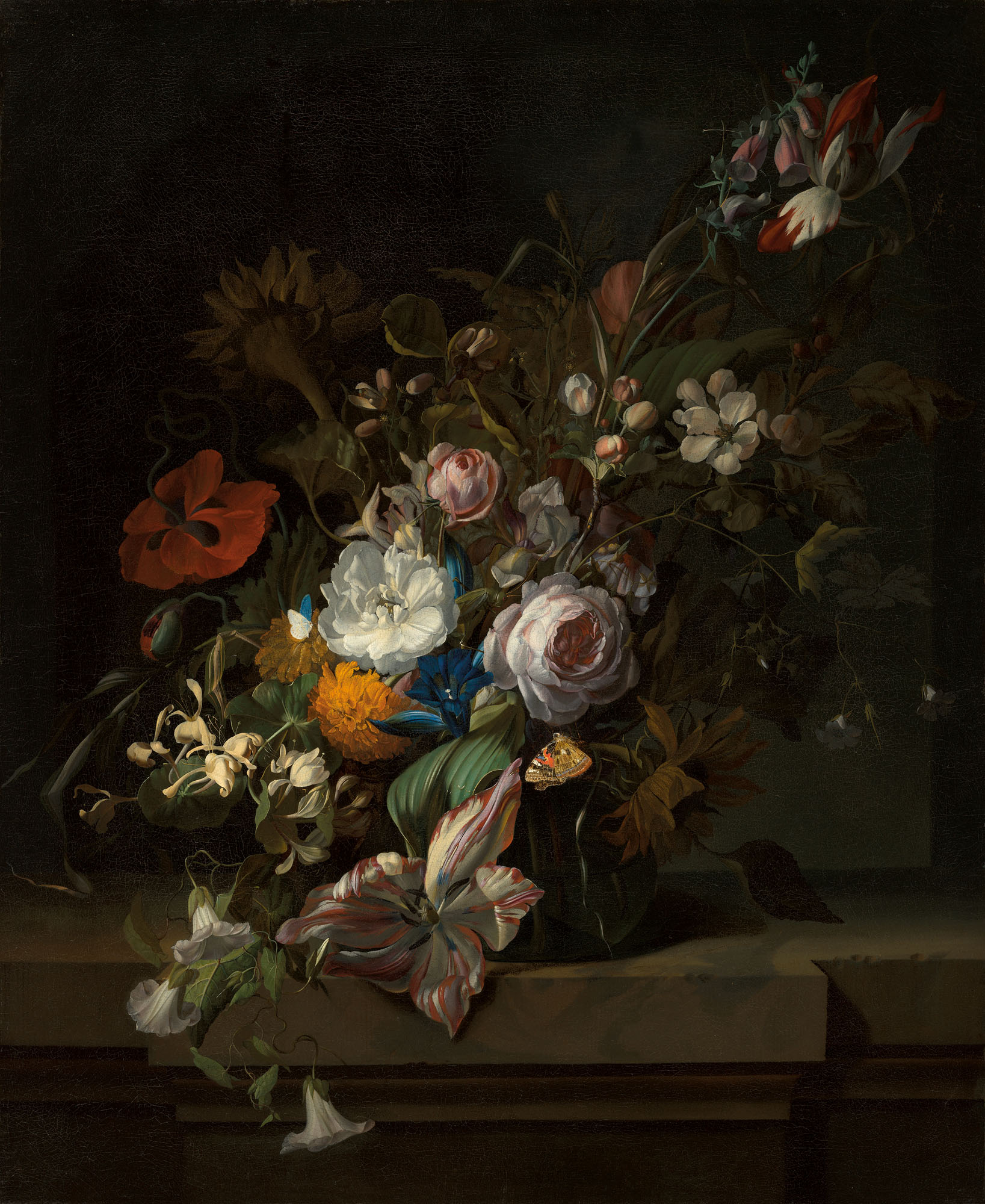Rachel Ruysch (1664-1750), Tulips, rose, honeysuckle, apple blossom, poppies and other flowers in a glass vase, with a butterfly, on a marble ledge, circa early 1690s. Oil on canvas. 30 x 24&frac34; in (76.3 x 62.8 cm). Sold for &pound;412,500 on 15 December 2020 at Christie&rsquo;s in London