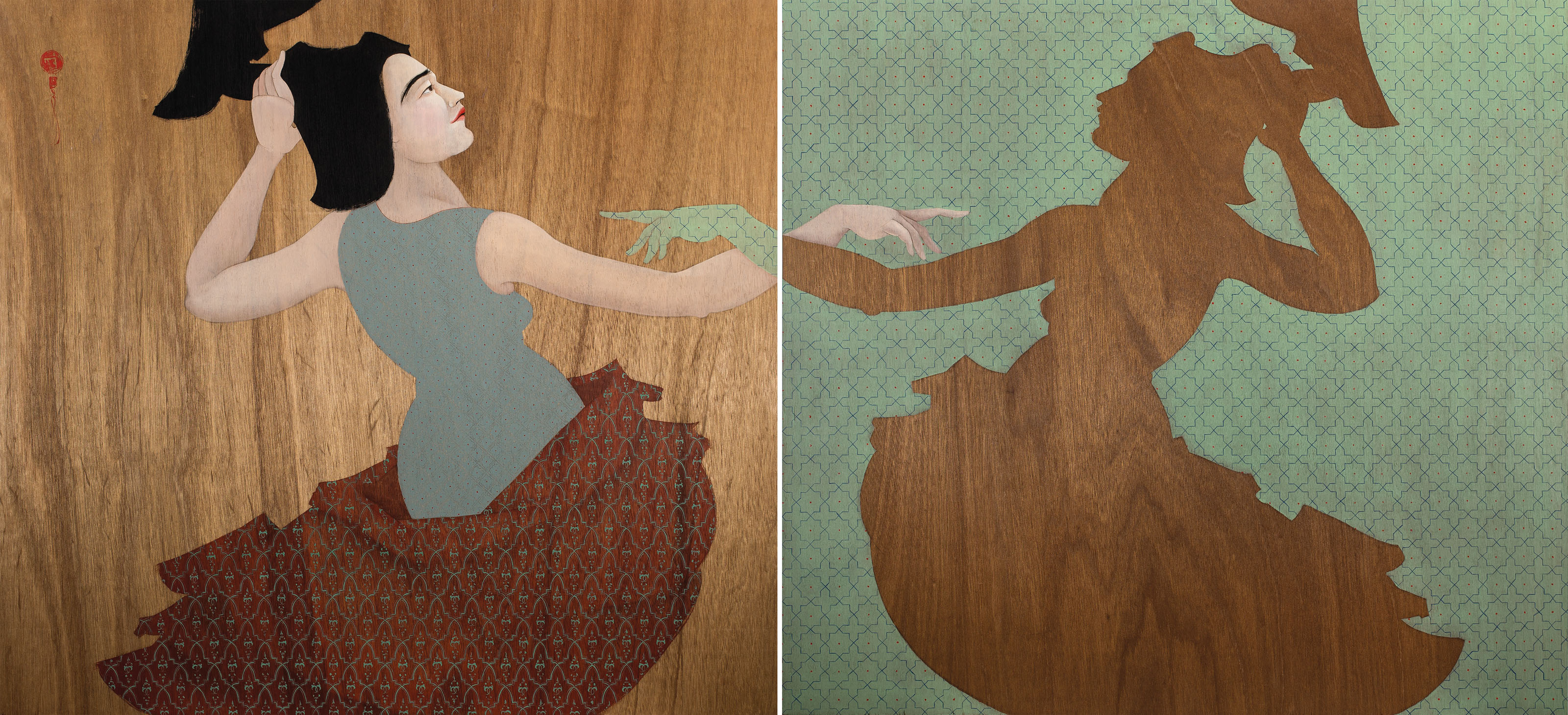 Hayv Kahraman (b. 1981), Kawliya Diptych, 2014. Oil on board in two parts. Overall: 44 x 96⅜ in (112 x 245 cm). Sold for &pound;62,500 on 24 November 2020 at Christie&rsquo;s Online