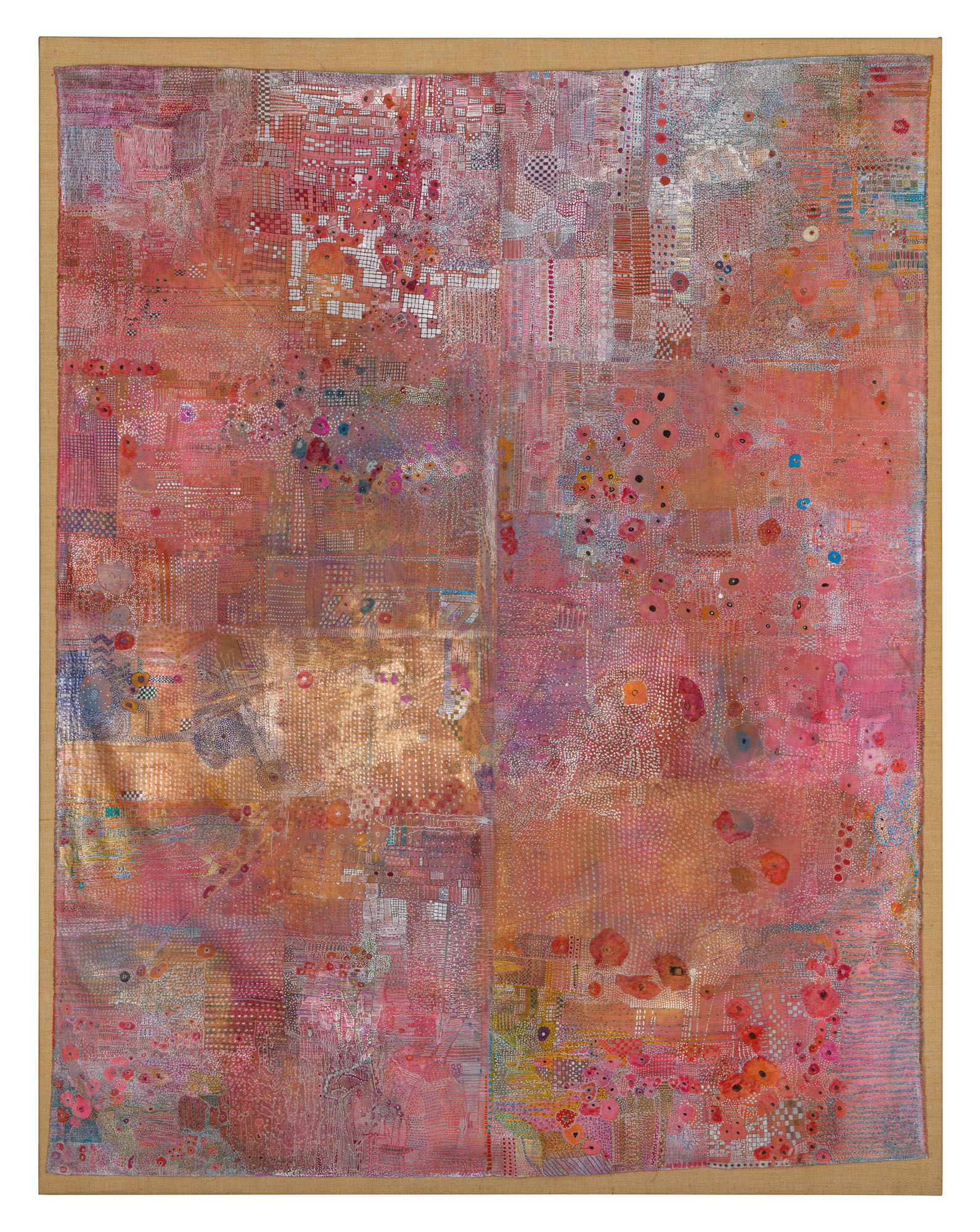 Huguette Caland (1931-2019), Fragmented Memories (9), 2008. Acrylic, coloured and silver pens on loose canvas. 76⅞ x 61 in (195 x 155 cm). Sold for &pound;81,250 on 24 November 2020 at Christie&rsquo;s Online