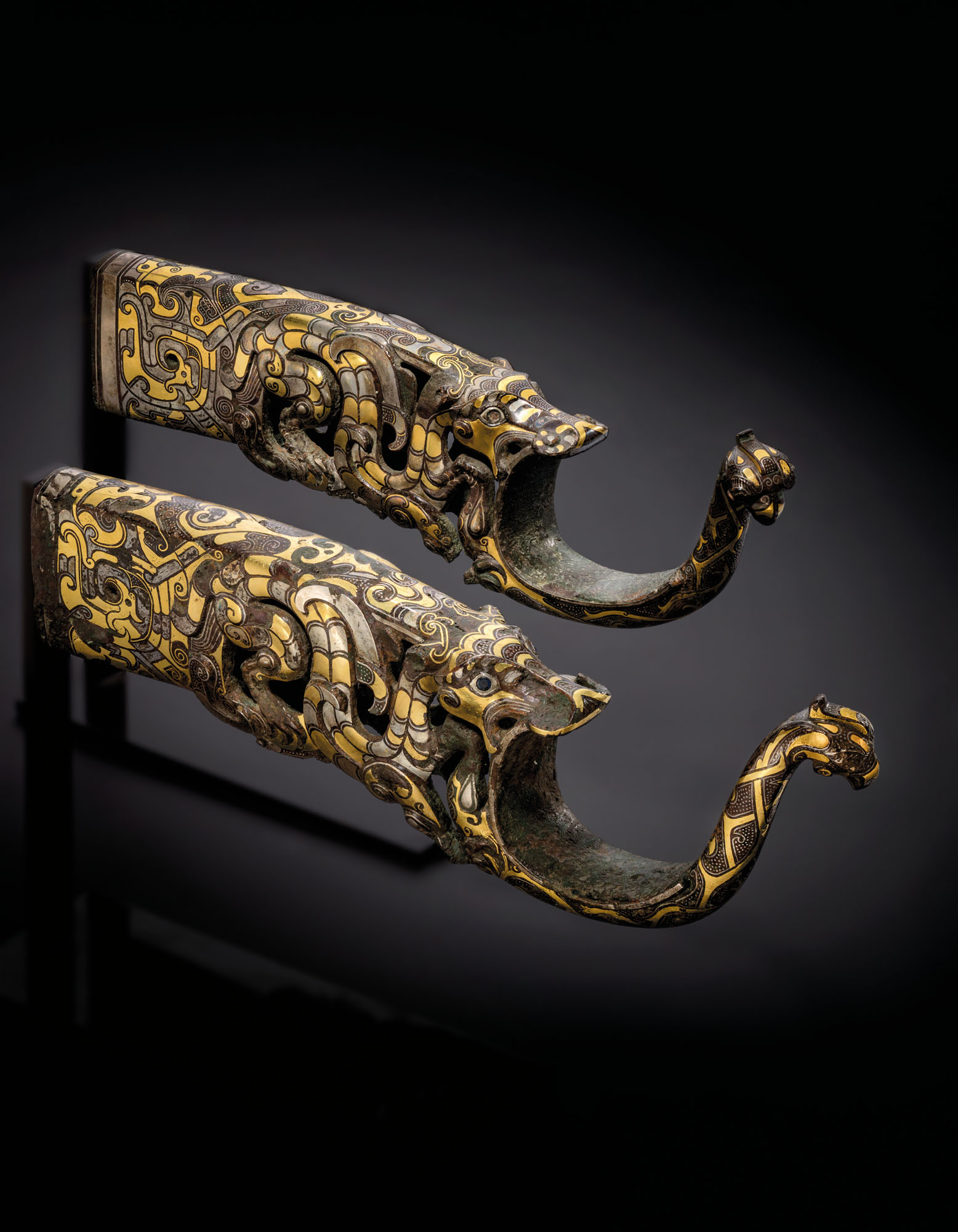 清時代 純銀彫 塗金花絲焼藍双龍腕輪【仁】古銀器 置物擺件 古賞
