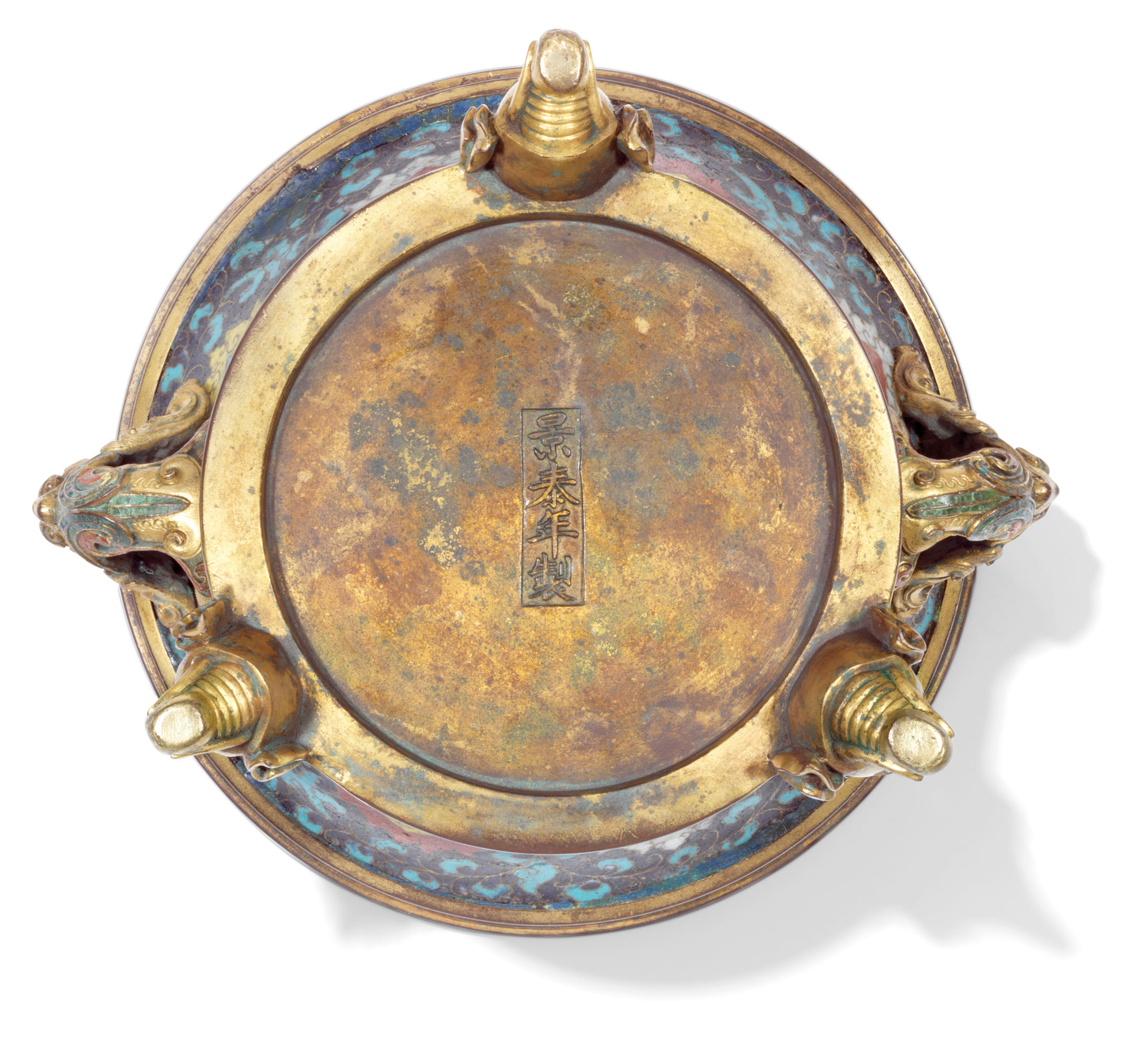 A RARE CLOISONNE ENAMEL AND GILT-BRONZE TRIPOD CENSER WITH