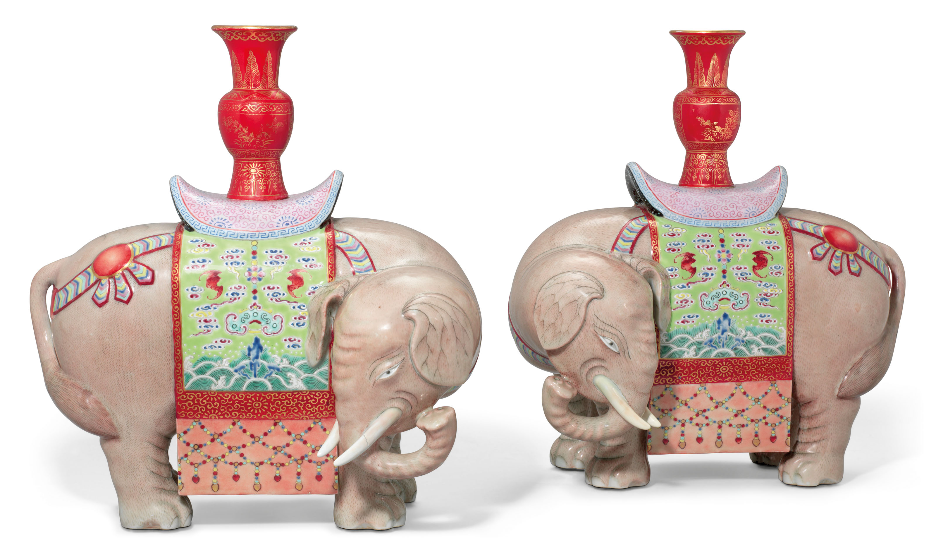 A PAIR OF FAMILLE ROSE 'ELEPHANT AND VASE' CANDLE HOLDERS, TAIPING YOUXIANG