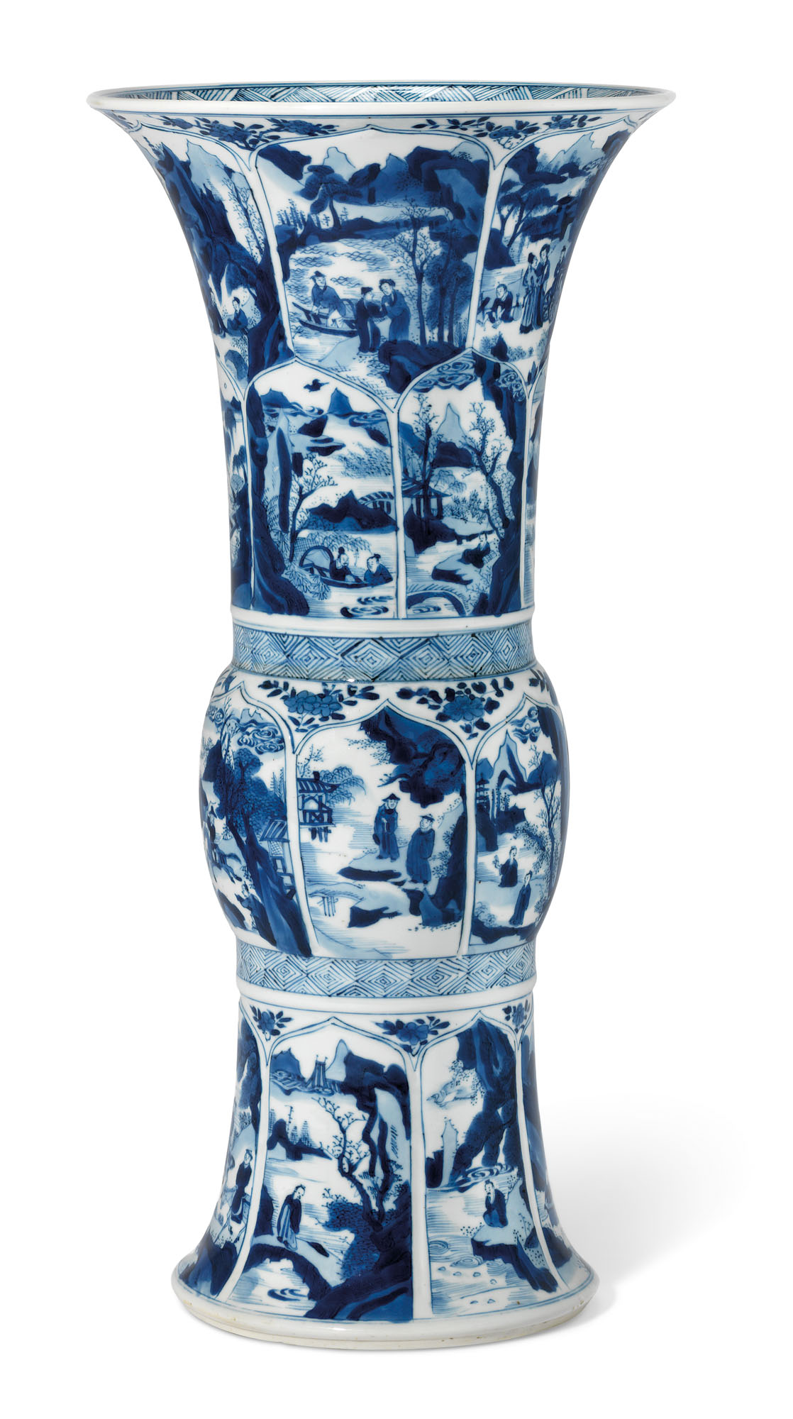 A LARGE BLUE AND WHITE MOULDED BEAKER VASE, GU , KANGXI PERIOD (1662