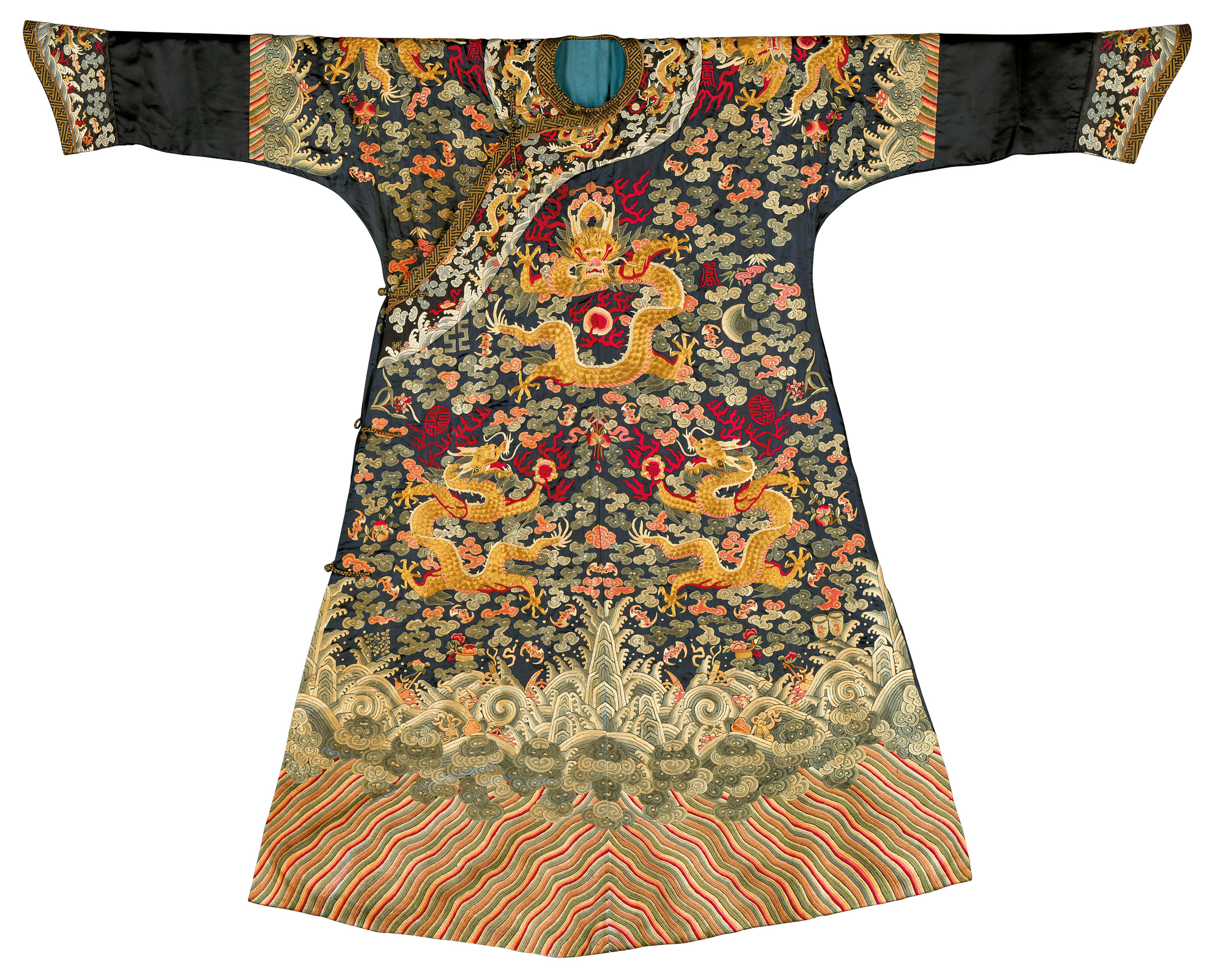 A BLUEGROUND EMBROIDERED SILK TWELVE SYMBOL 'DRAGON' ROBE