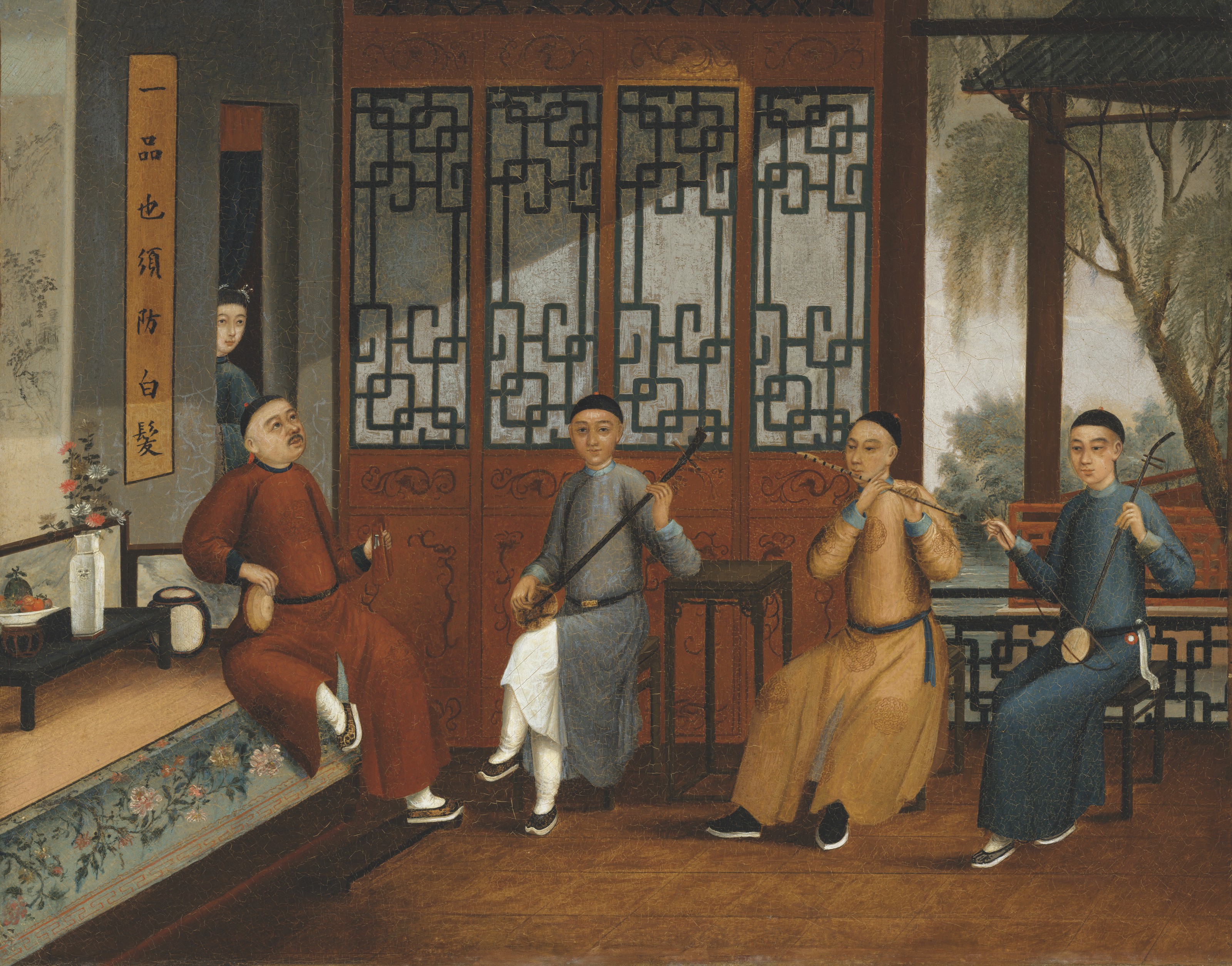 Catalog image of Chinese musicians performing on the terrace of a lakeside pavilion