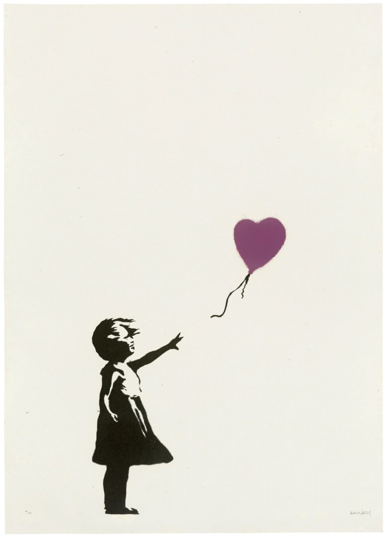 Banksy (b. 1974), Girl with Balloon - Colour AP (Purple), 2004. Screenprint in colours. Sheet 694 x 495 mm. Estimate £250,000-350,000. Offered in
Banksy I can’t believe you morons actually buy this sht, 10-23 September 2020, Online