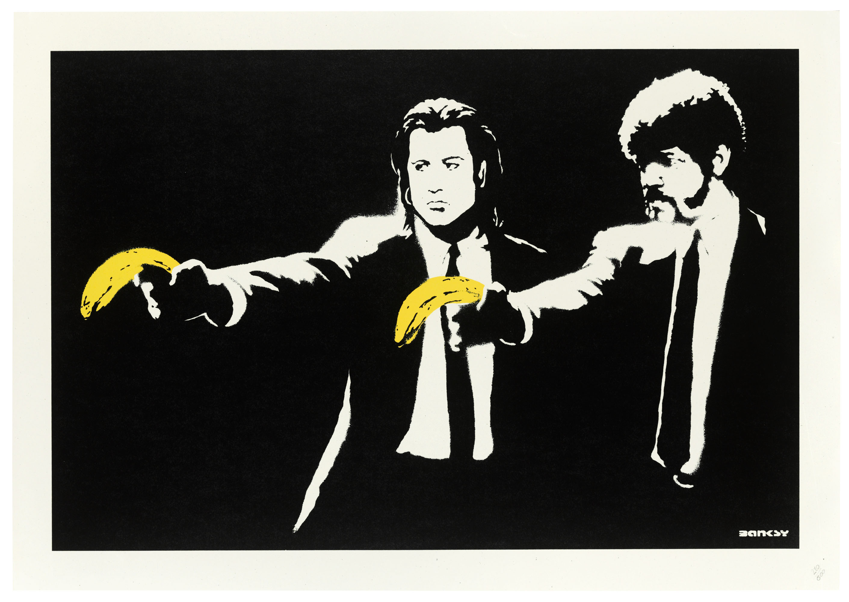 Banksy（1974年生），《低俗小說》，2004年作。彩色絲網印刷。紙張487 x 695毫米。估價：20,000 - 30,000英鎊。此作於2020年9月10至23日在Banksy：傻子才會買這垃圾網上拍賣中呈獻
