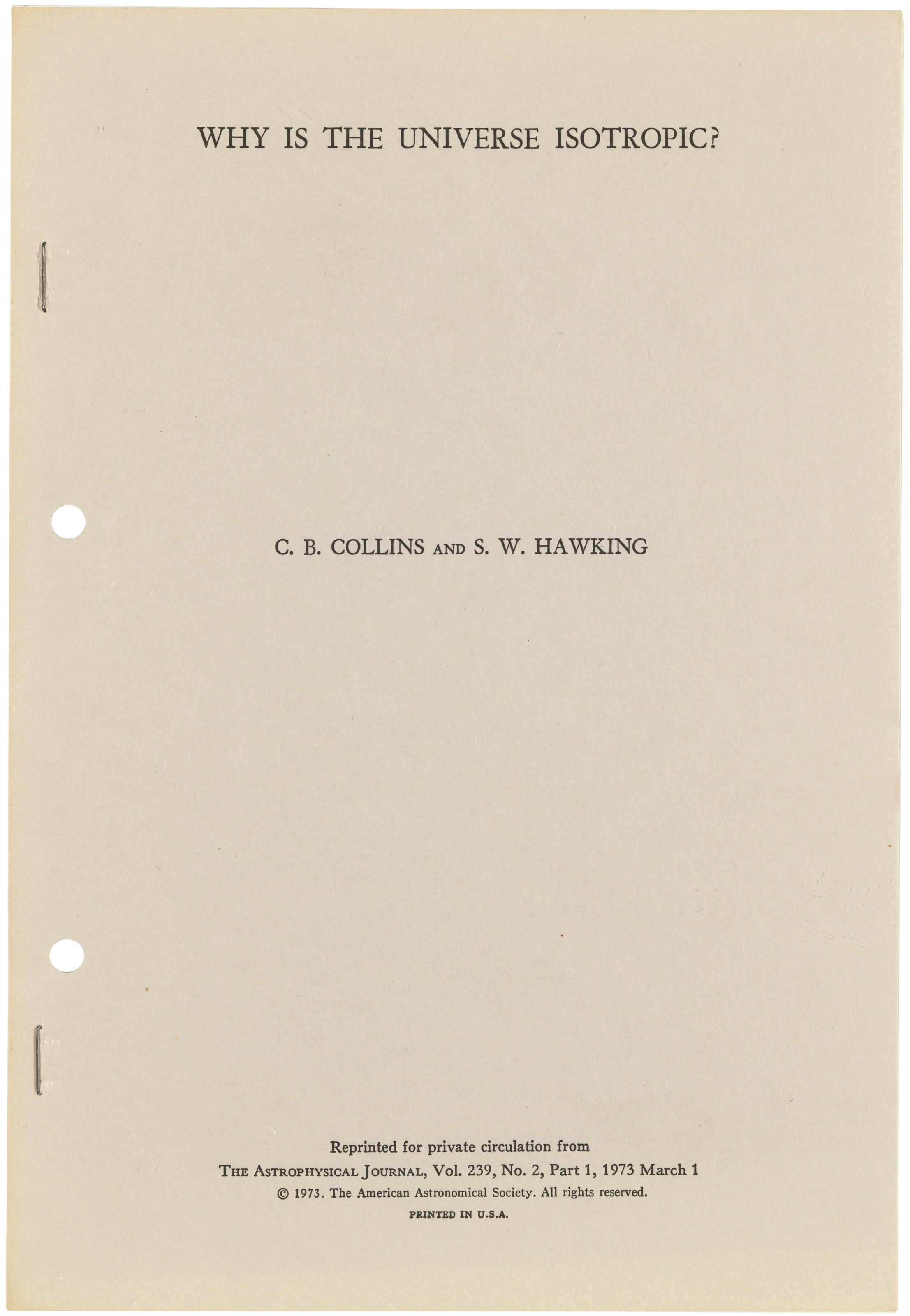 First edition of Hawking's analysis of the cosmological ...