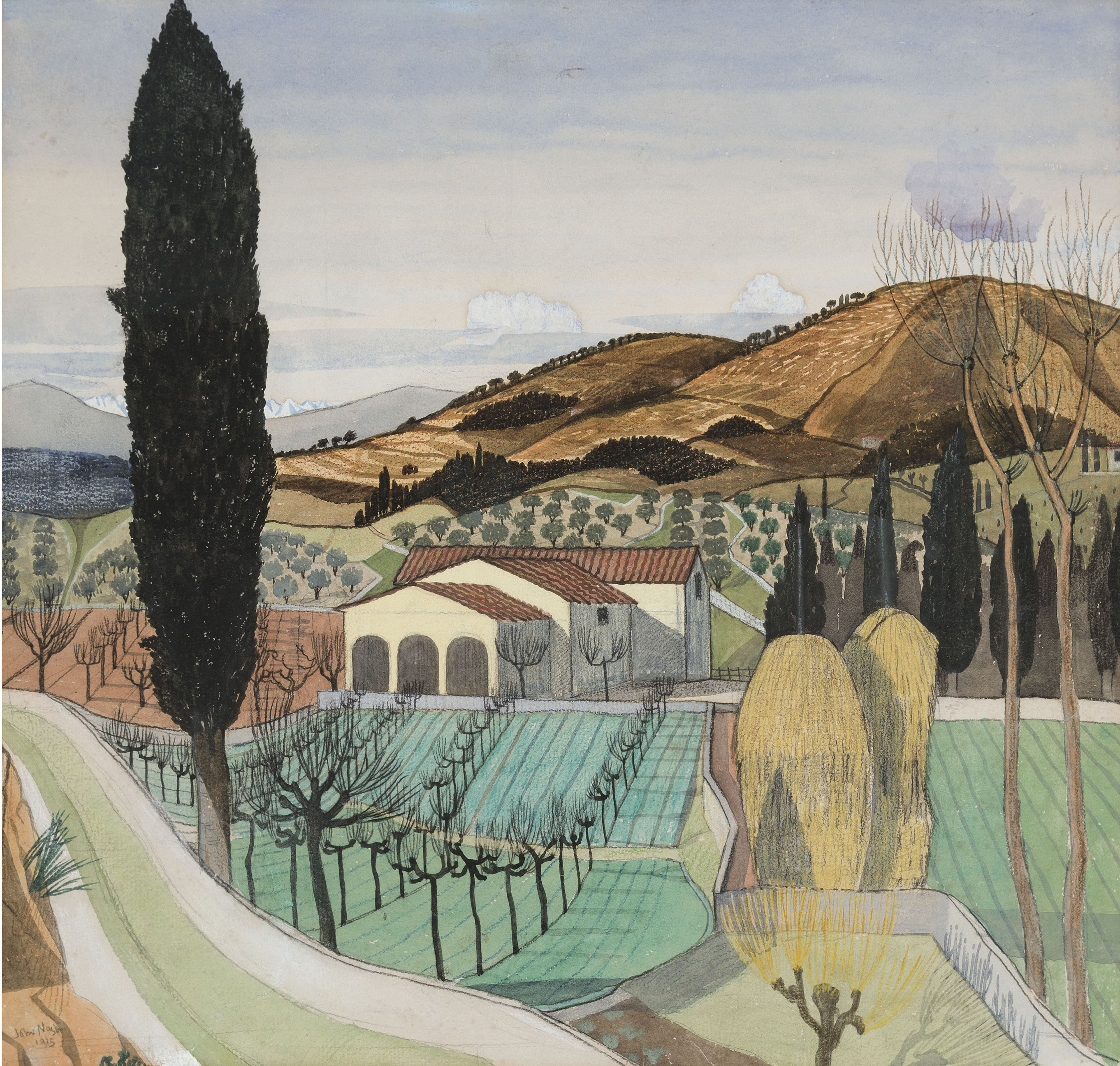 John Nash, R.A. (1893-1977), Tuscan Landscape, 1915. Pencil, watercolour, gouache and coloured crayon on paper.&nbsp;14⅛ x 14⅞  in (35.8 x 37.8  cm). Estimate: &pound;25,000-35,000. Offered in The Delighted Eye: Works from the Collection of Allen and Beryl Freer on 23 January 2020 at Christie&rsquo;s in London