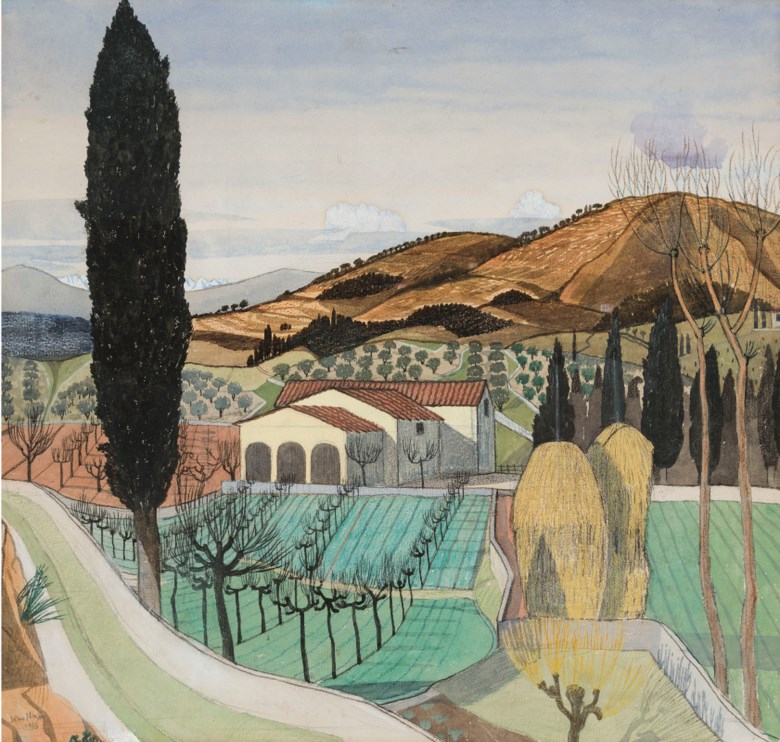John Nash, R.A. (1893-1977), Tuscan Landscape, 1915. Pencil, watercolour, gouache and coloured crayon on paper. 14⅛ x 14⅞  in (35.8 x 37.8  cm). Estimate £25,000-35,000. Offered in The Delighted Eye Works from the Collection of Allen and Beryl Freer on 23 January 2020 at Christie’s in London