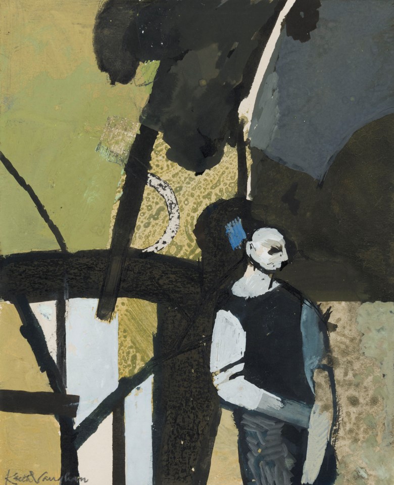 Keith Vaughan (1912-1977), Study of Woodman in a Clearing, 1955. Ink and gouache on paper laid on card. 6 ½ x 5 ¼  in (16.5 x 13  cm). Estimate £7,000-10,000. Offered in The Delighted Eye Works from the Collection of Allen and Beryl Freer on 23 January 2020 at Christie’s in London