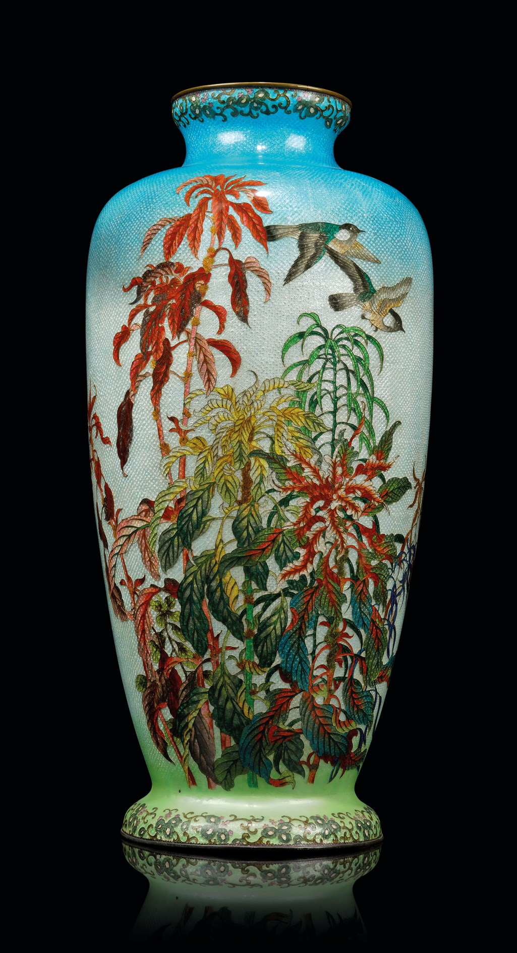 A PAIR OF LARGE JAPANESE CLOISONNE ENAMEL AND EMBOSSEDFOIL (GINBARI) VASES, MEIJI PERIOD (1868