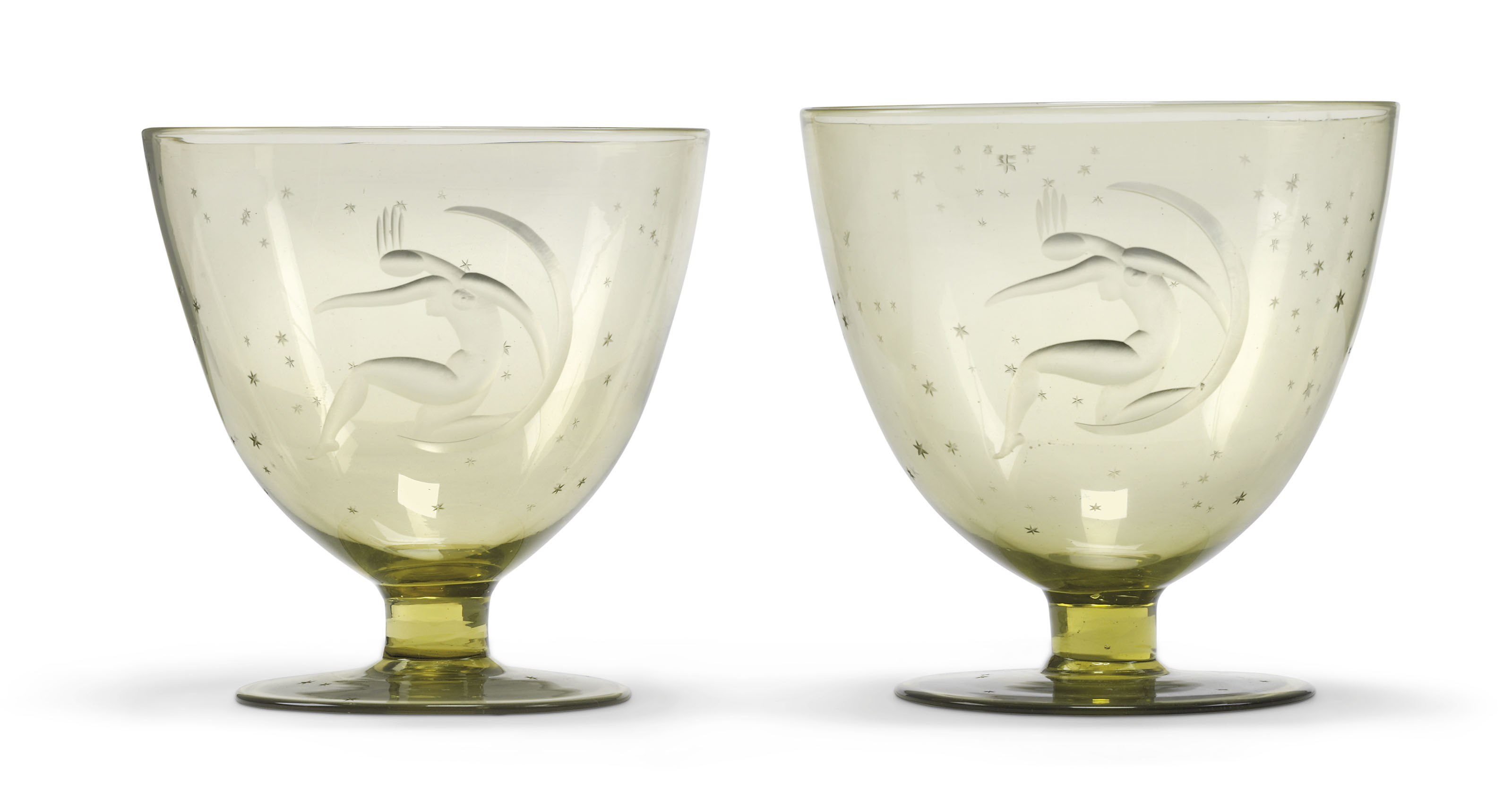 TWO LA LUNA THE MOON ETCHED HAND BLOWN GLASS CHALICES BY GUIDO 