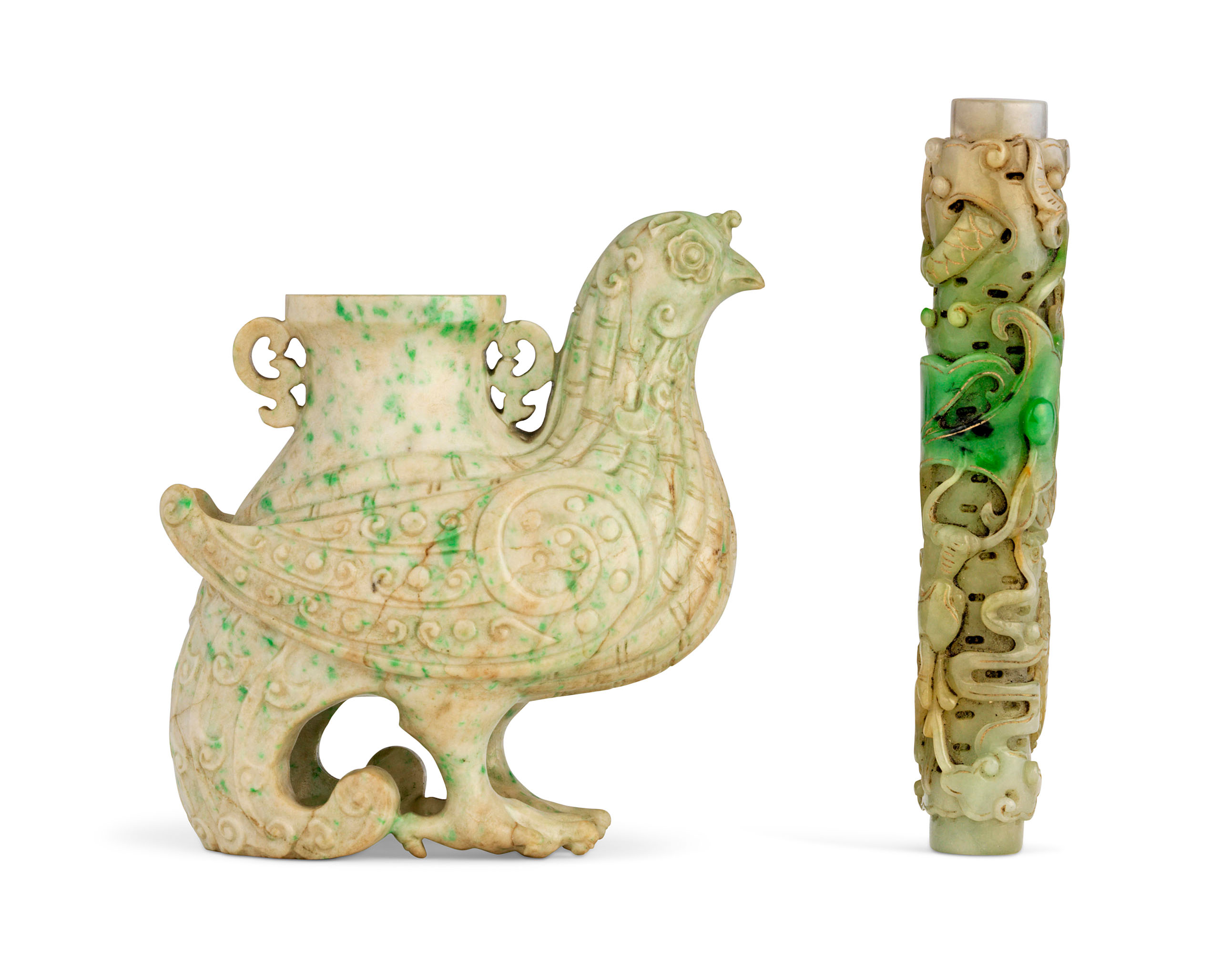 A JADEITE 'MYTHICAL BIRD' VASE AND A JADEITE 'DRAGON' FITTING, QING