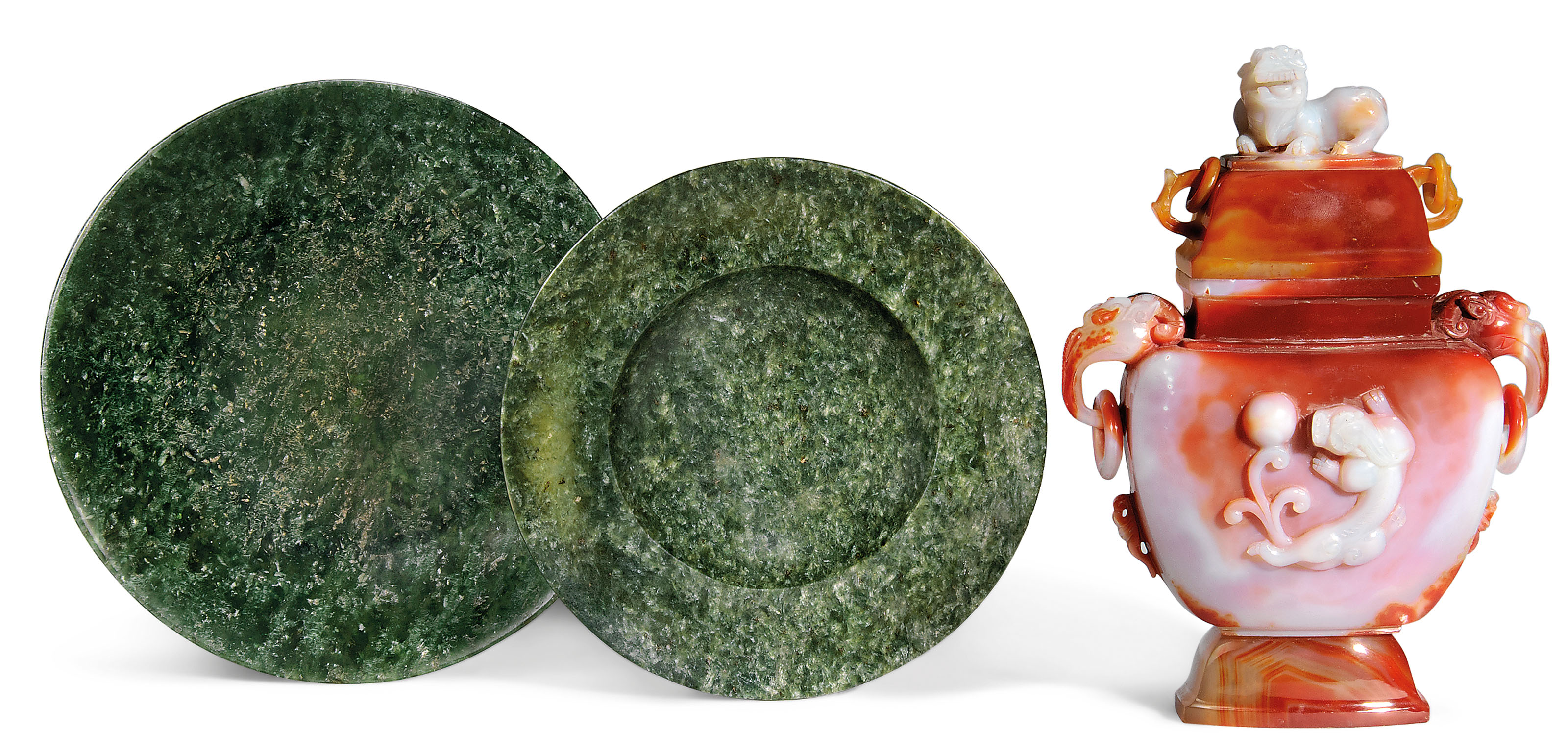 TWO SPINACHGREEN JADE DISHES AND A LARGE AGATE VASE AND COVER, 19TH