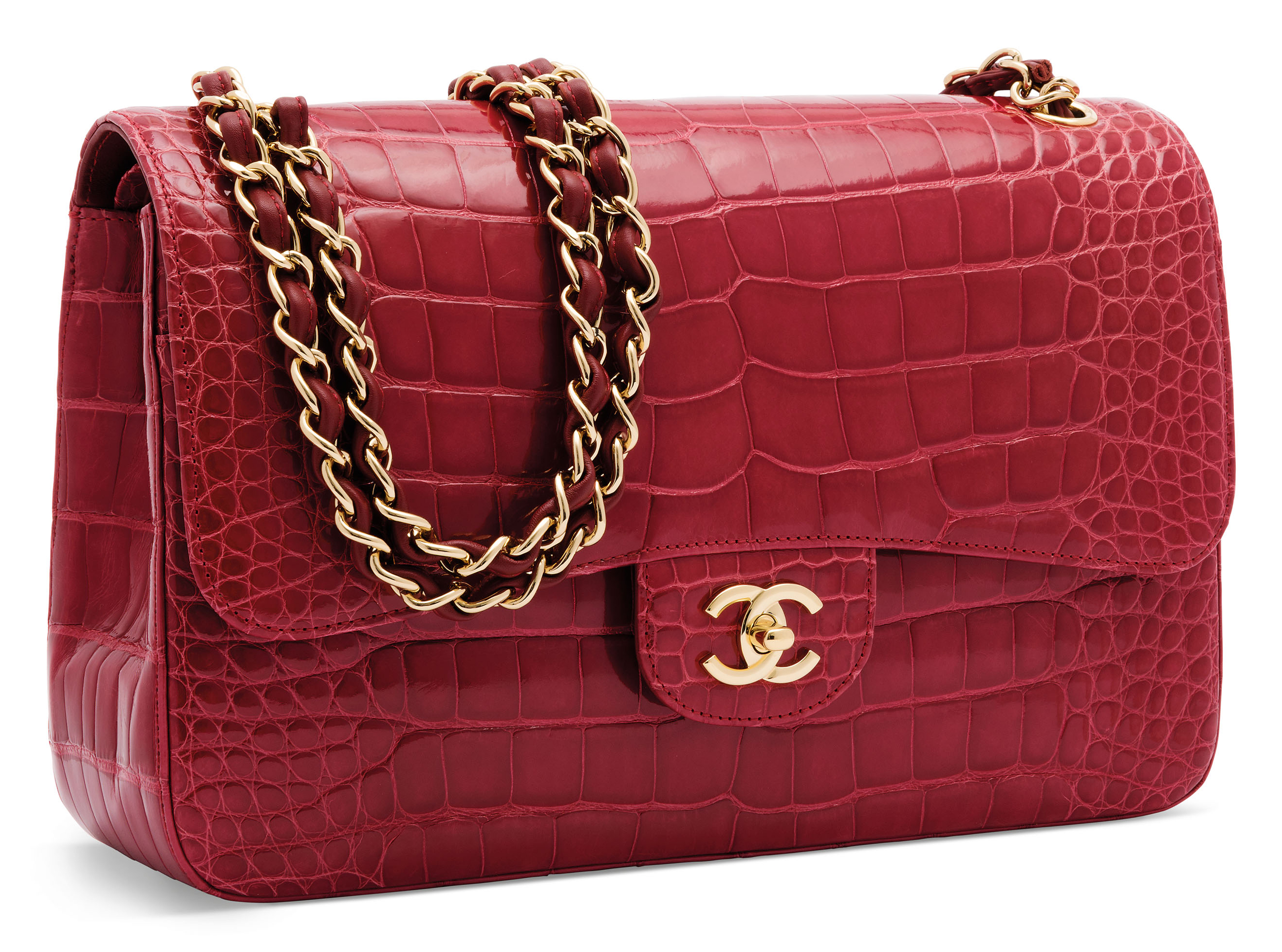 A SHINY RED ALLIGATOR JUMBO CLASSIC DOUBLE FLAP WITH GOLD HARDWARE