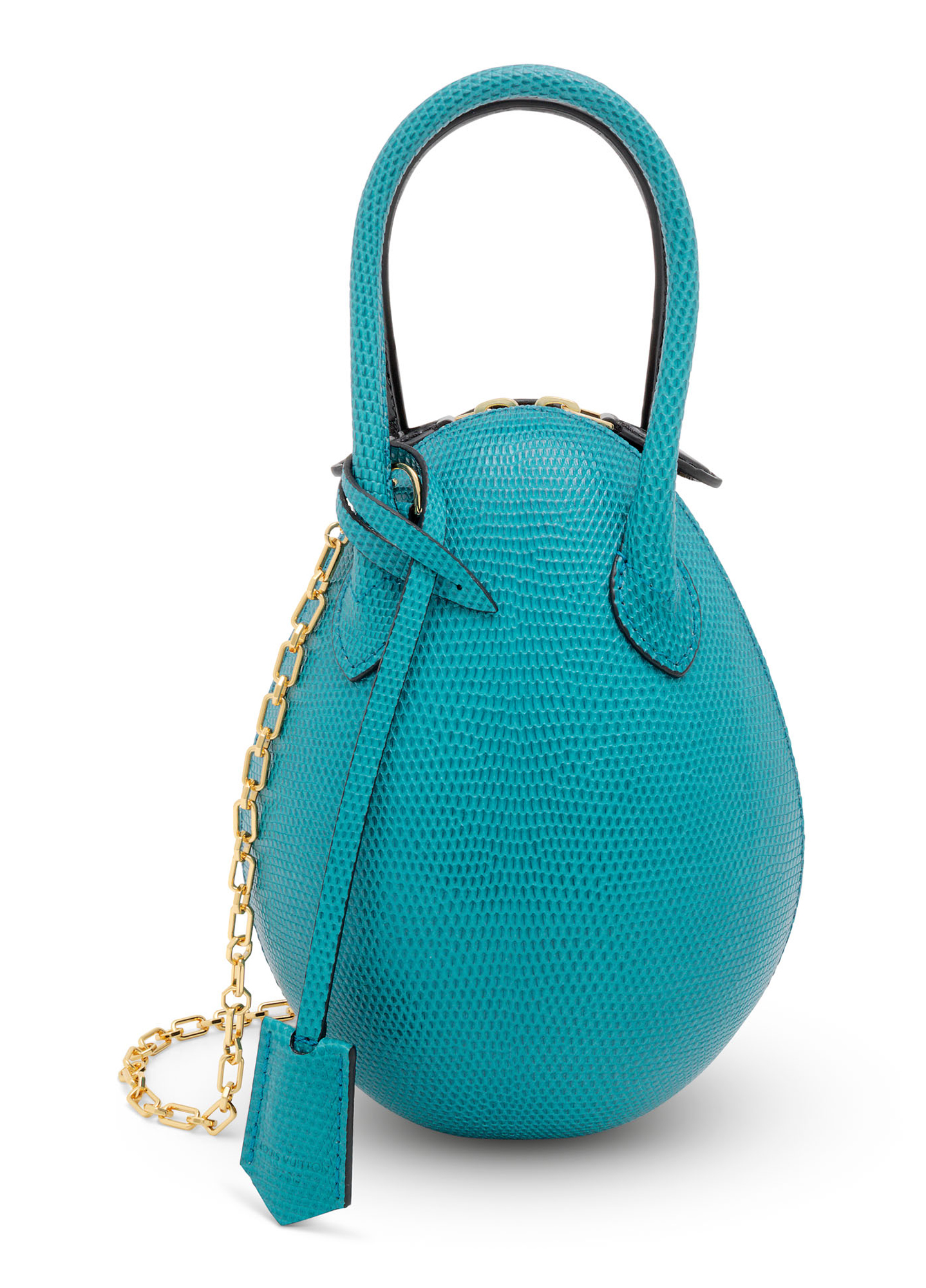 A MATTE BLACK ALLIGATOR SHINY BLUE LIZARD EGG BAG WITH GOLD