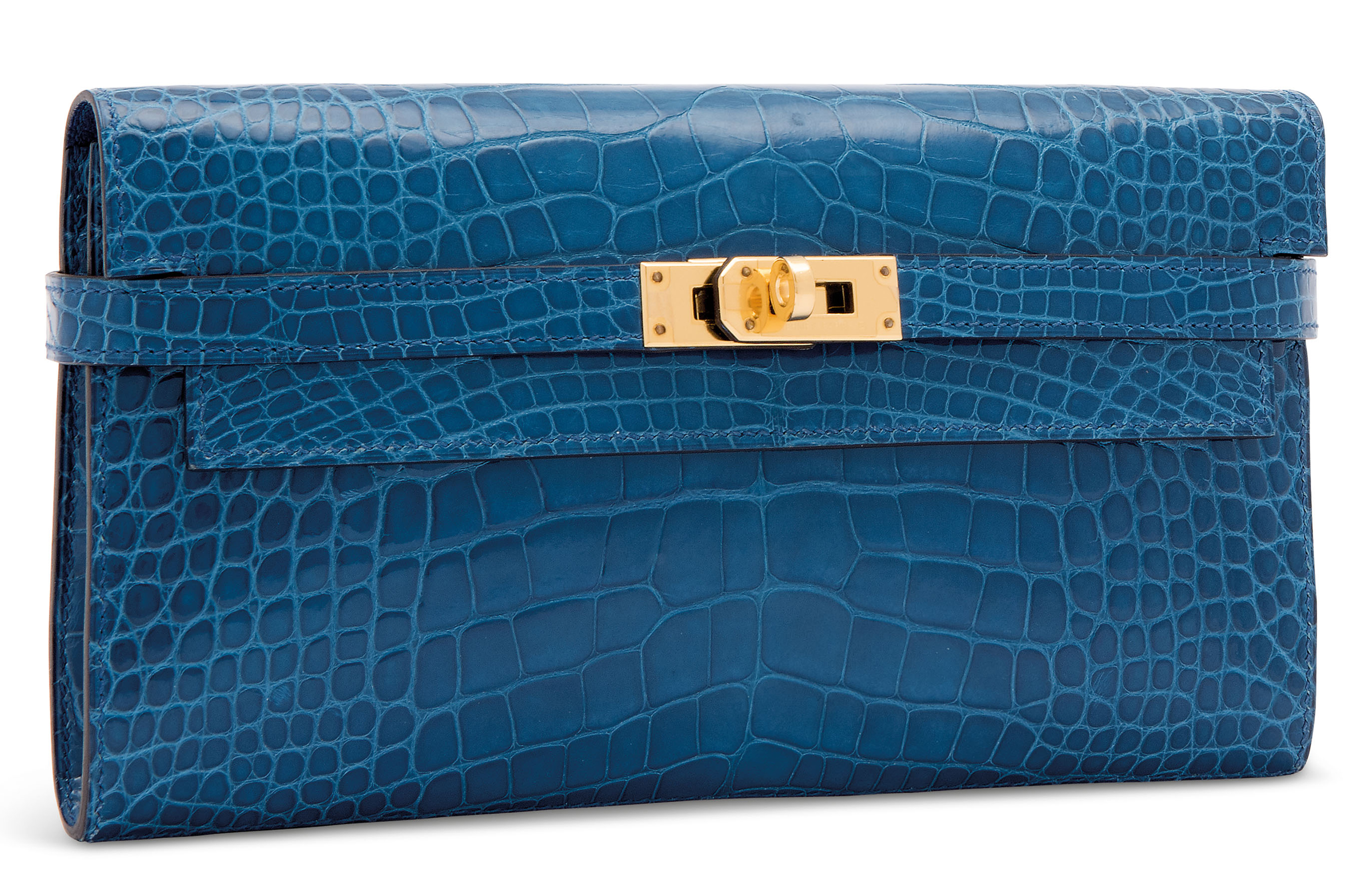 A SHINY BLEU ÉLECTRIQUE ALLIGATOR KELLY LONG WALLET WITH GOLD