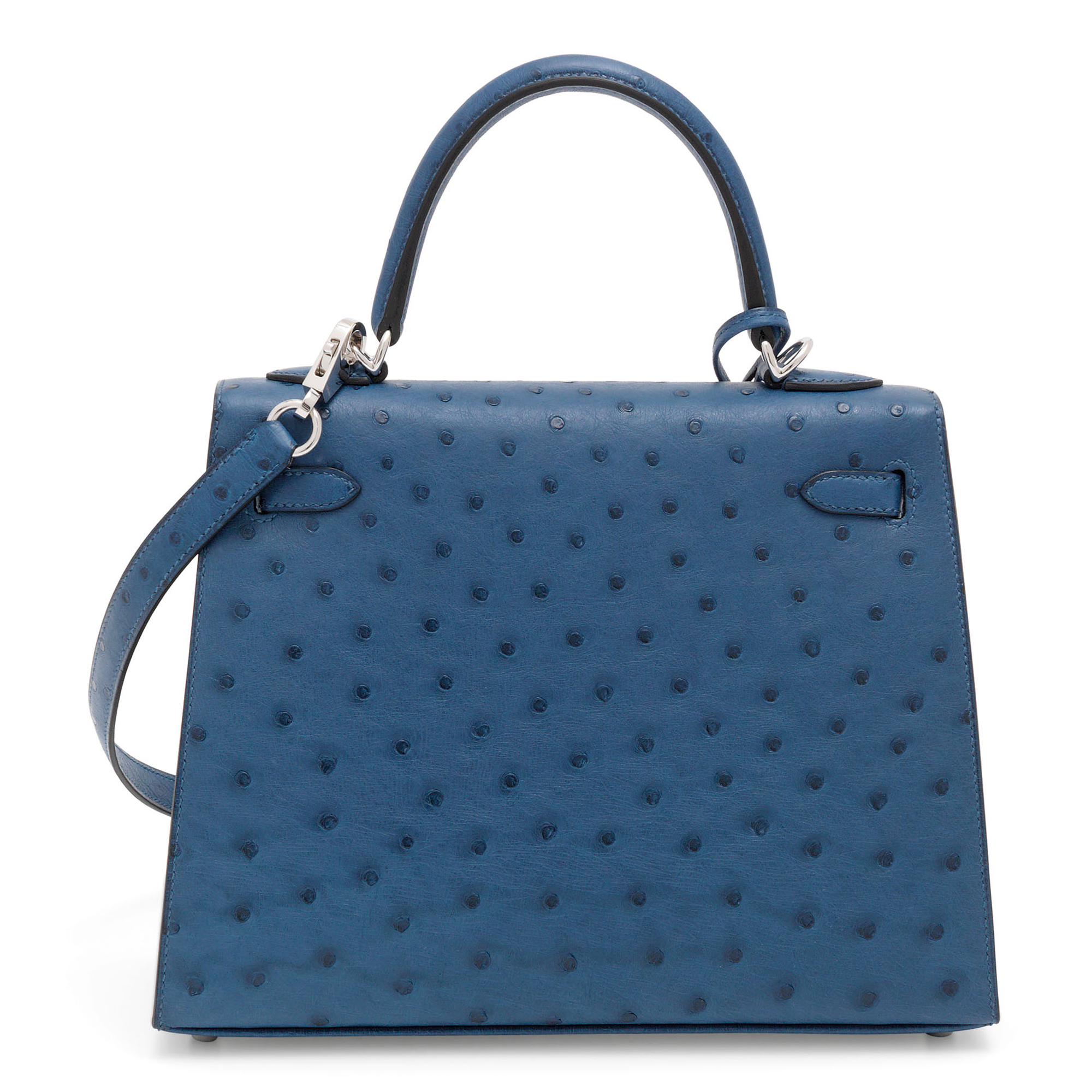 A DEEP BLUE OSTRICH SELLIER KELLY 25 WITH PALLADIUM HARDWARE