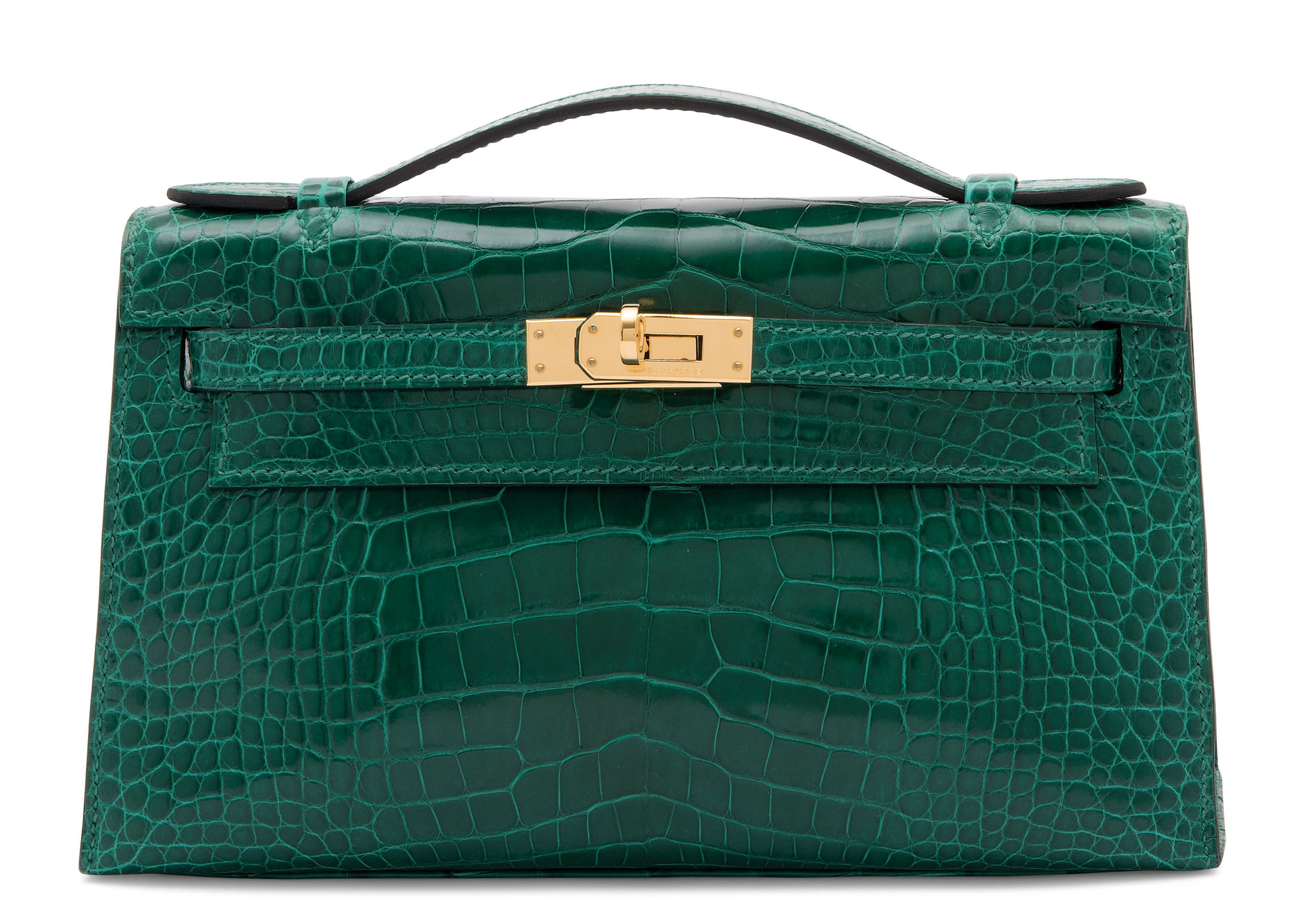 A SHINY VERT EMERAUDE ALLIGATOR KELLY POCHETTE WITH GOLD HARDWARE