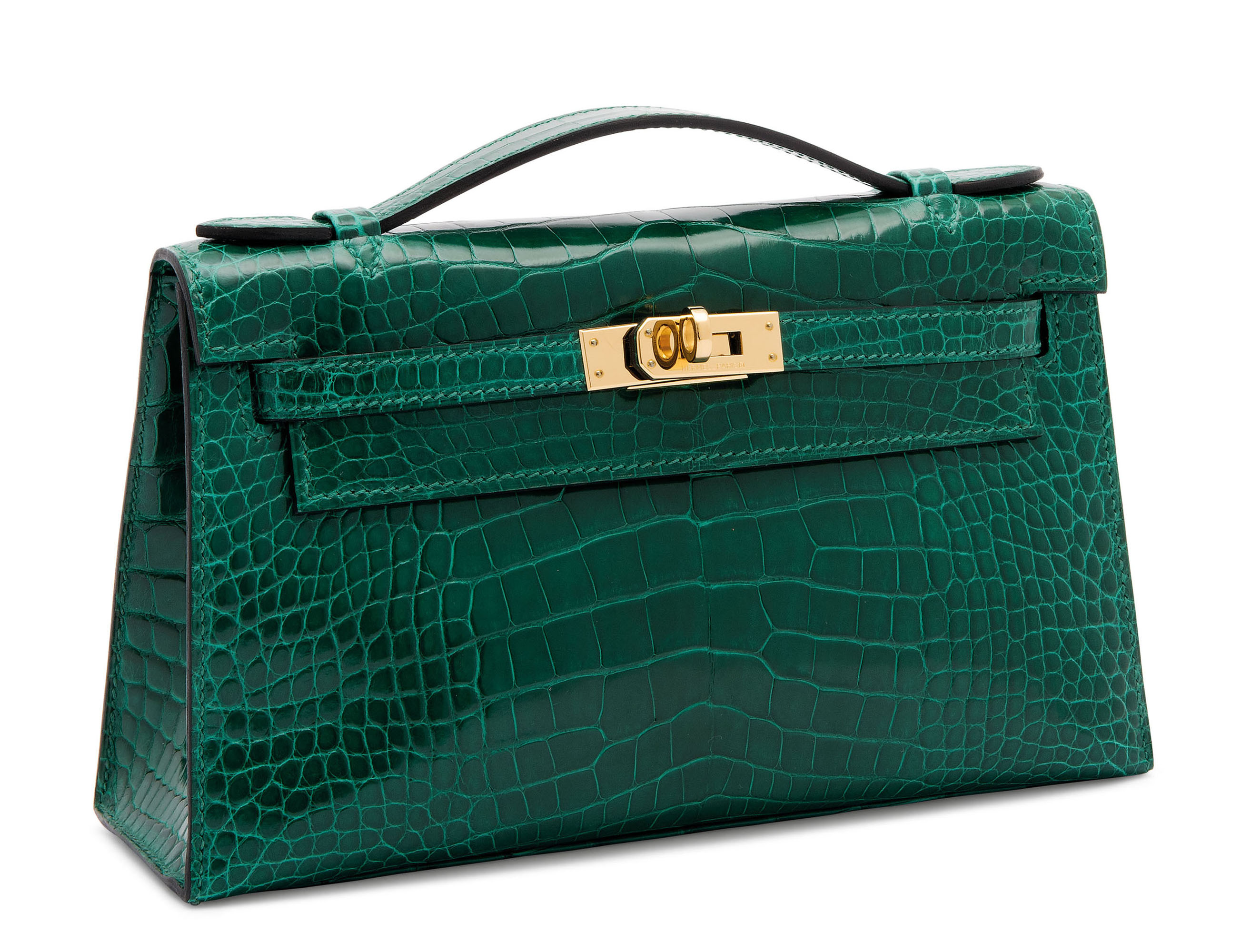 A SHINY VERT ÉMERAUDE ALLIGATOR KELLY POCHETTE WITH GOLD HARDWARE