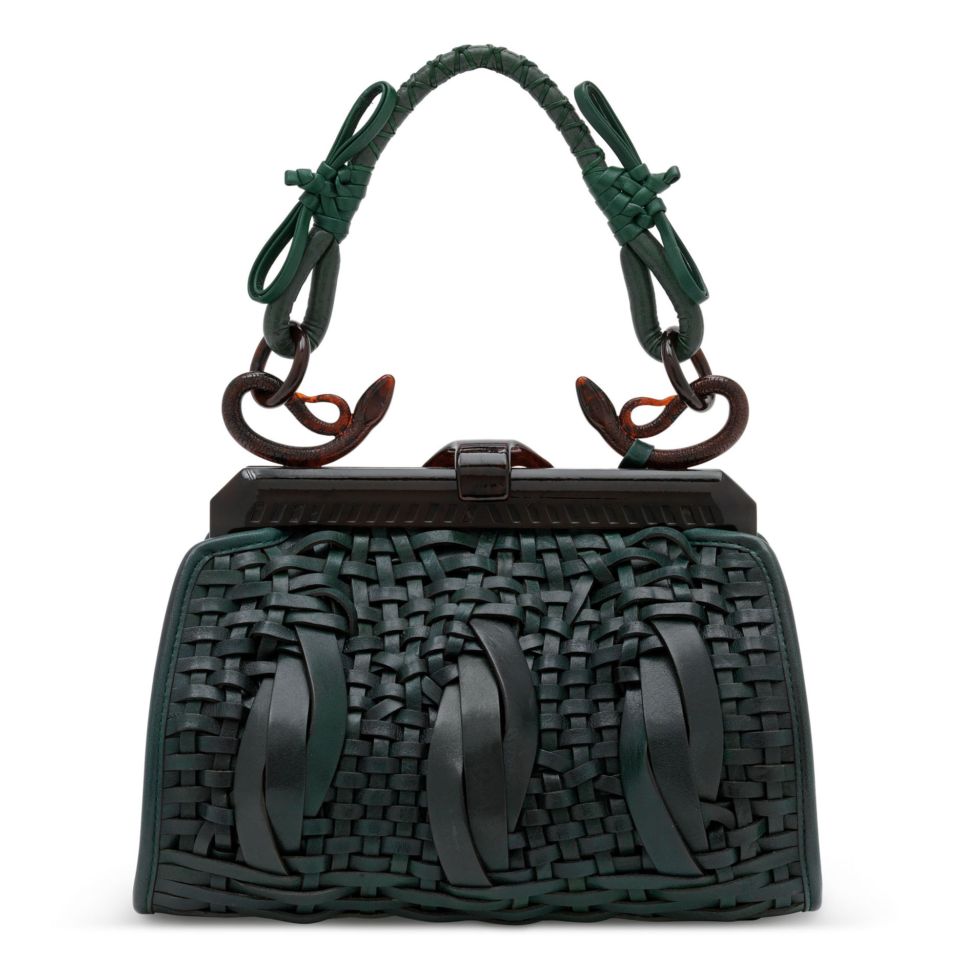 A SET OF TWO: A GREEN WOVEN LEATHER SAMOURAI BAG BY JOHN GALLIANO