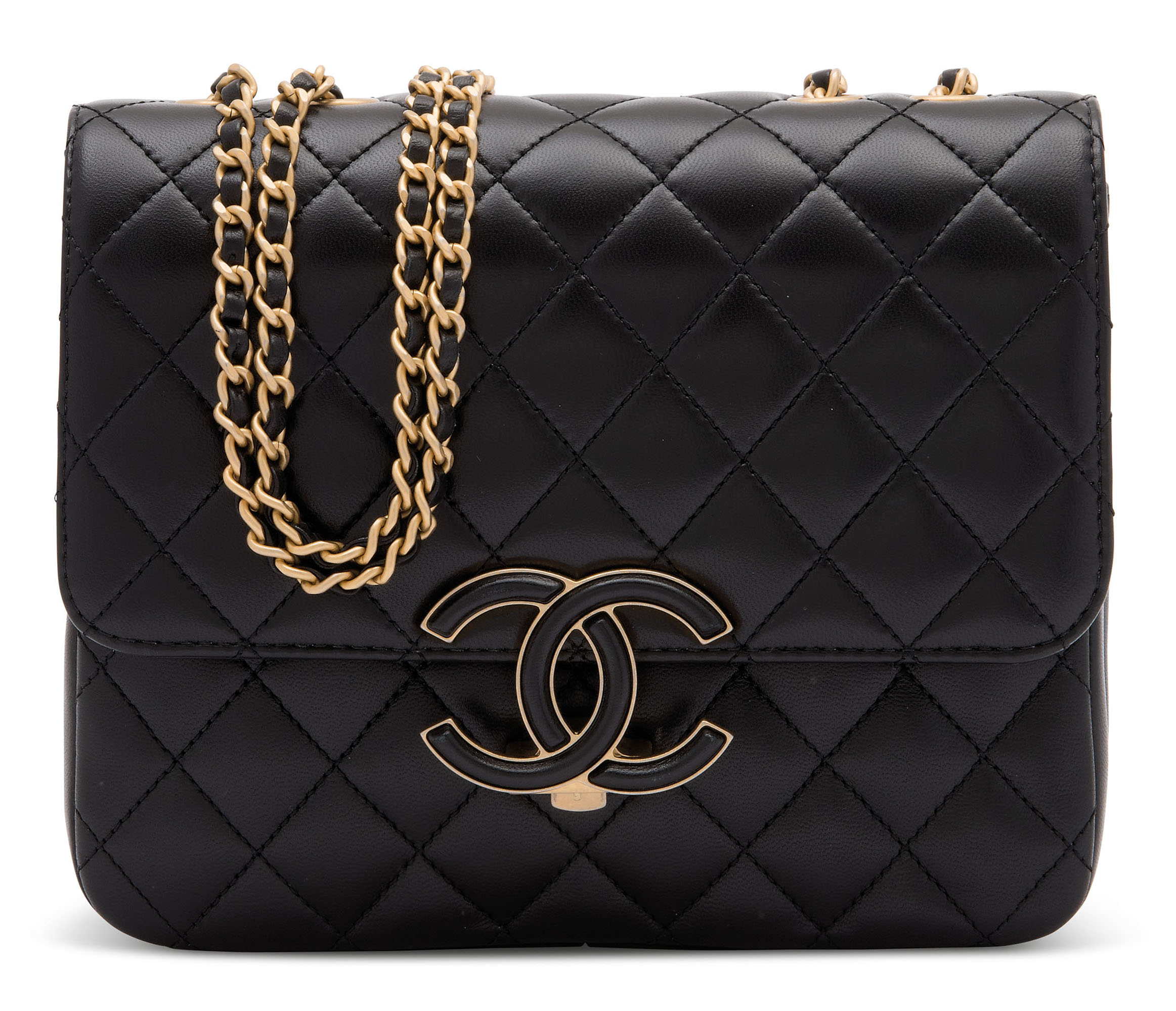 A BLACK LAMBSKIN LEATHER SMALL CC CHIC FLAP WITH BRUSHED GOLD