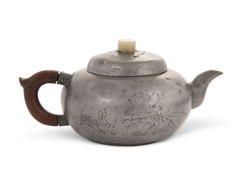 A CHINESE PEWTERENCASED YIXING TEAPOT AND TEN PEWTERENCASED AND