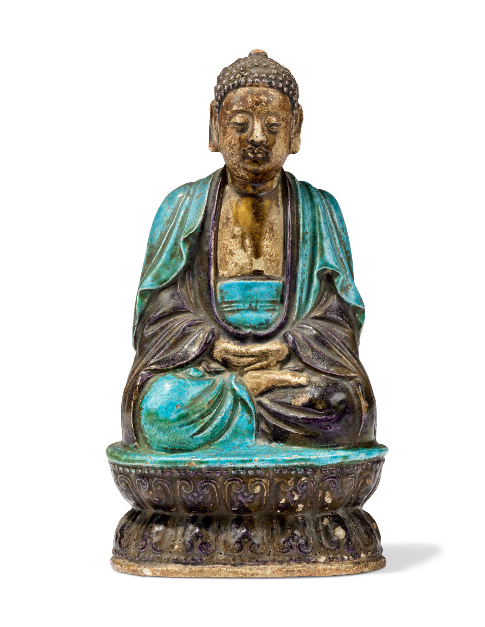 A CHINESE POTTERY FAHUA SEATED FIGURE OF SHAKYAMUNI, MING DYNASTY (1368 ...