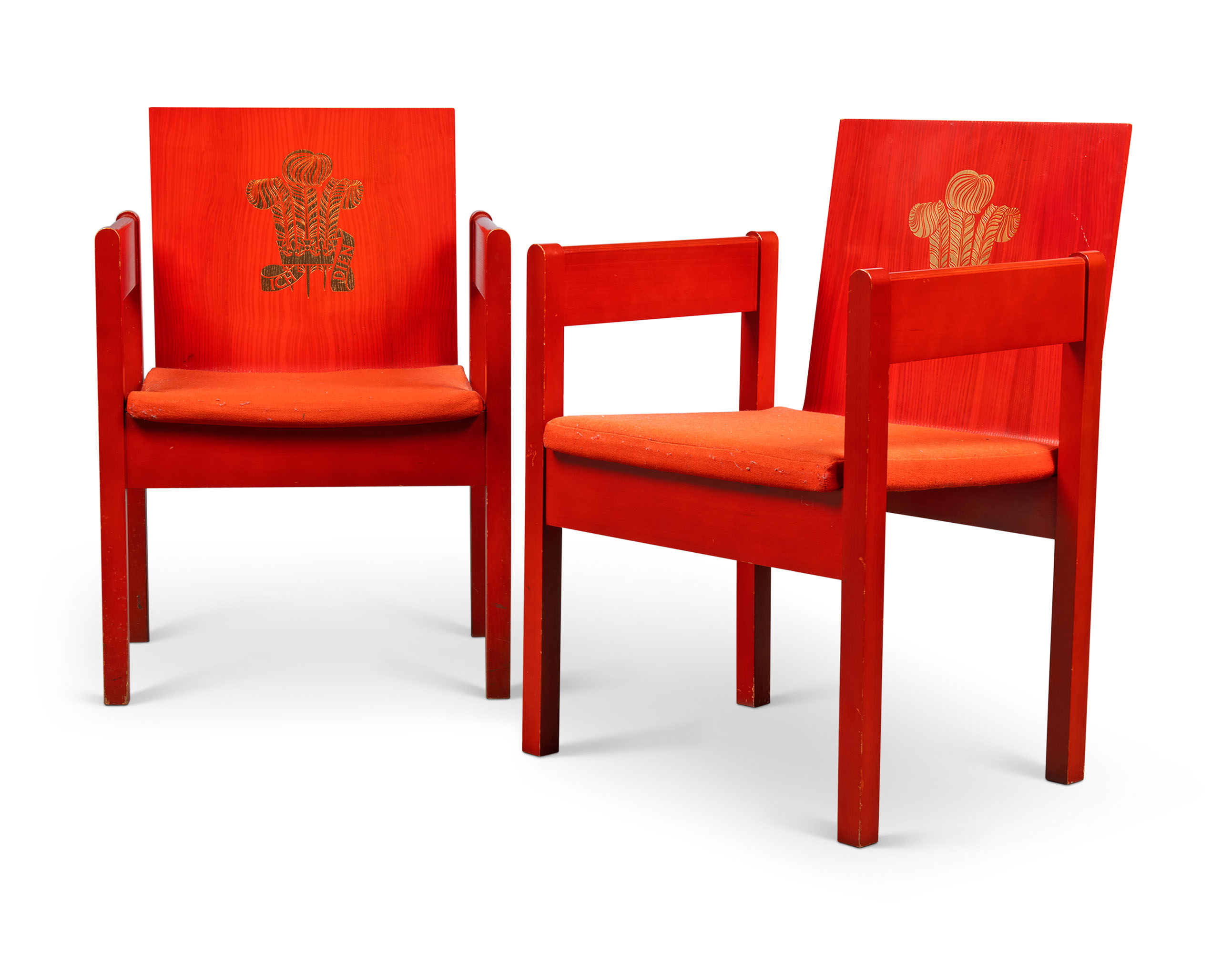 A PAIR OF REDPAINTED ASHLAMINATE PRINCE OF WALES INVESTITURE CHAIRS