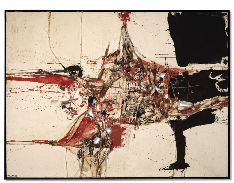 Manolo Millares (1926-1972), Cuadro 54, 1959. Oil and string on burlap. 59 x 78¾  in (150 x 200  cm). Sold for £1,091,250 on 10 July 2020 at Christie’s in London. © 2020 Artists Rights Society (ARS), New York