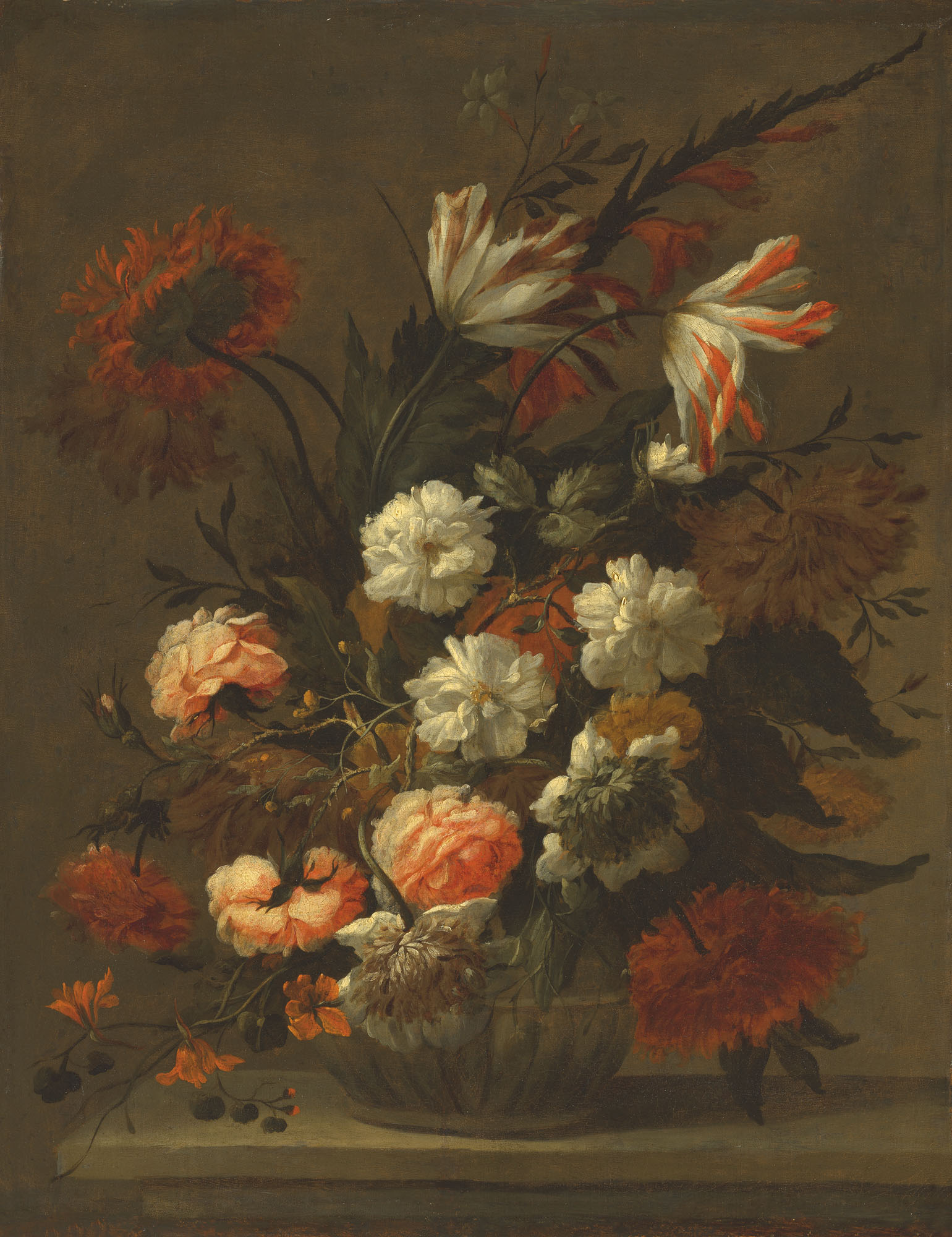 circle of jean baptiste monnoyer lille 1636 1699 london a still life of flowers on a stone ledge christie s