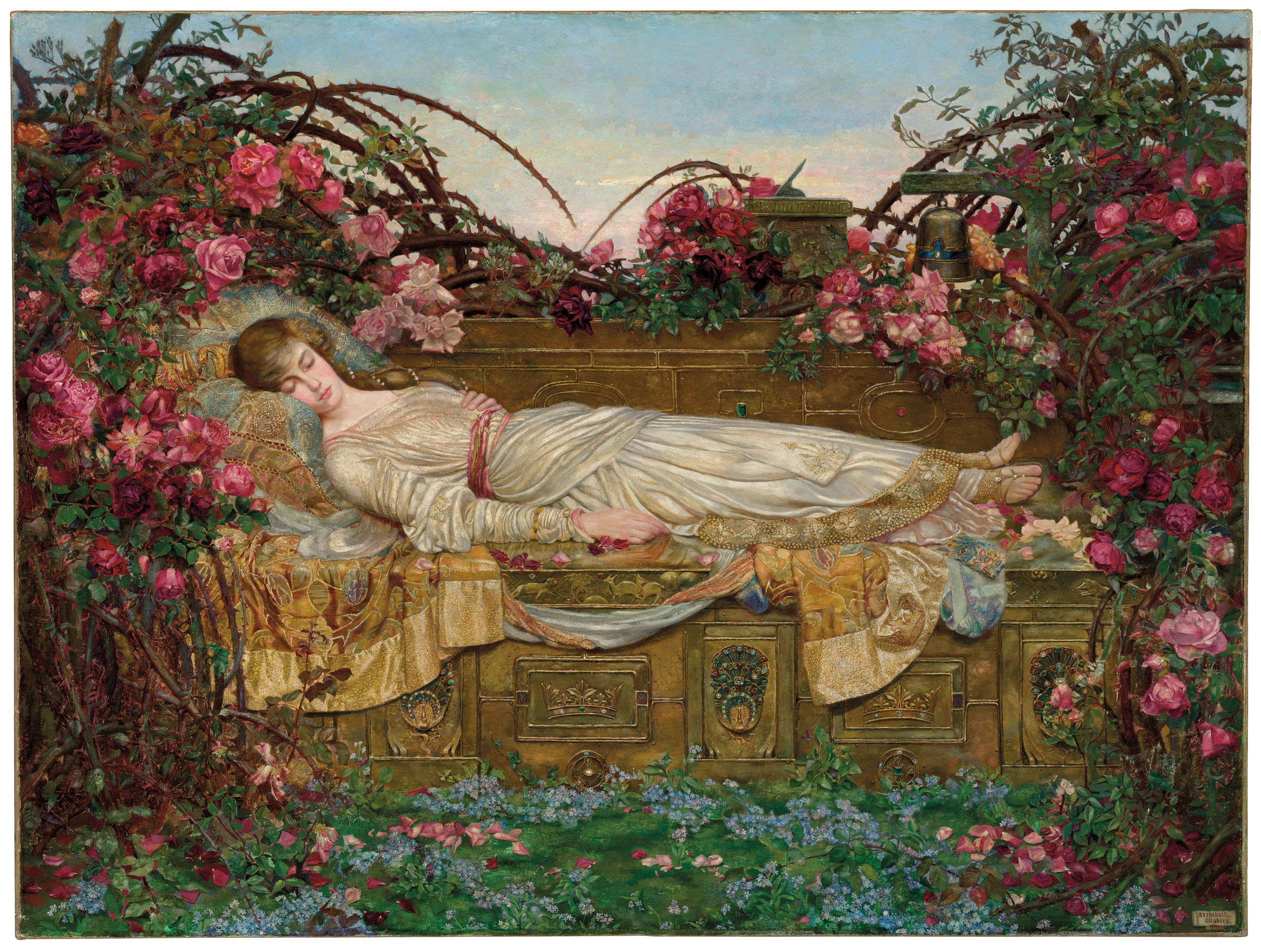 阿奇博‧沃克莱(1873-1906)，《睡美人》，1901至1903年作。油彩 画布。48 x 64英寸(102.5 x 122 公分)。估价：100,000-150,000英镑。此作将于2020年12月10日在佳士得伦敦「乔・赛顿珍藏：从拉斐尔前派到最后的浪漫主义者」拍卖中呈献