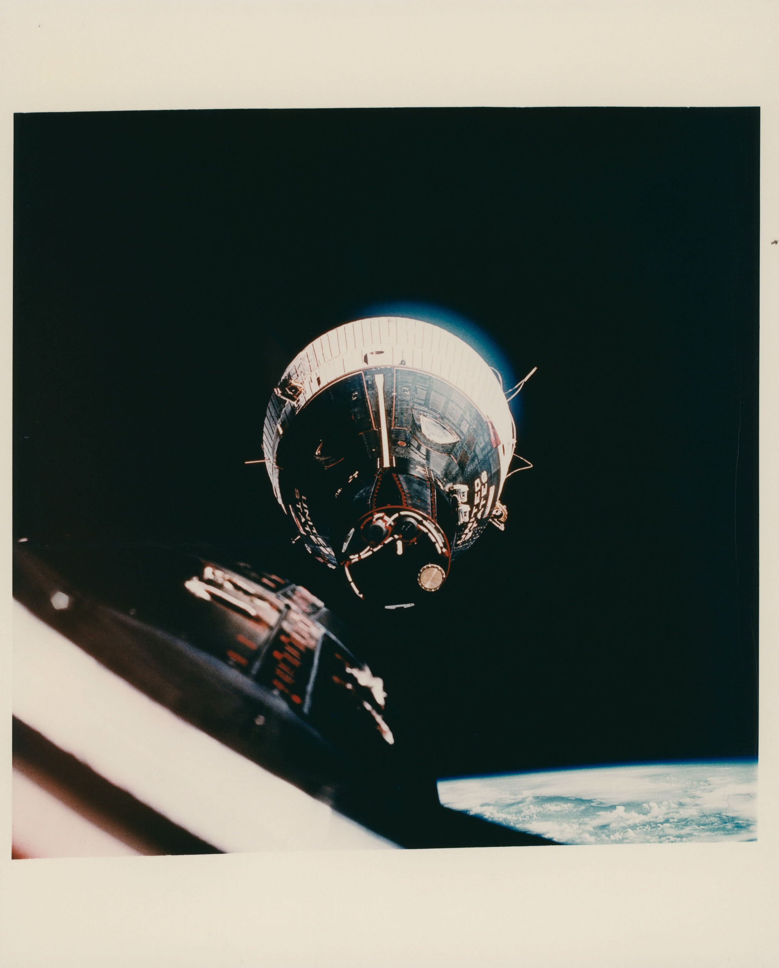 First rendezvous in space, at 17,000 mph; closeup of Gemini VII