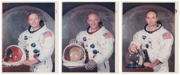 Official portraits of Neil Armstrong, Buzz Aldrin and Michael Collins in lunar spacesuit, July 1969, NASA [Apollo 11] | Christie's