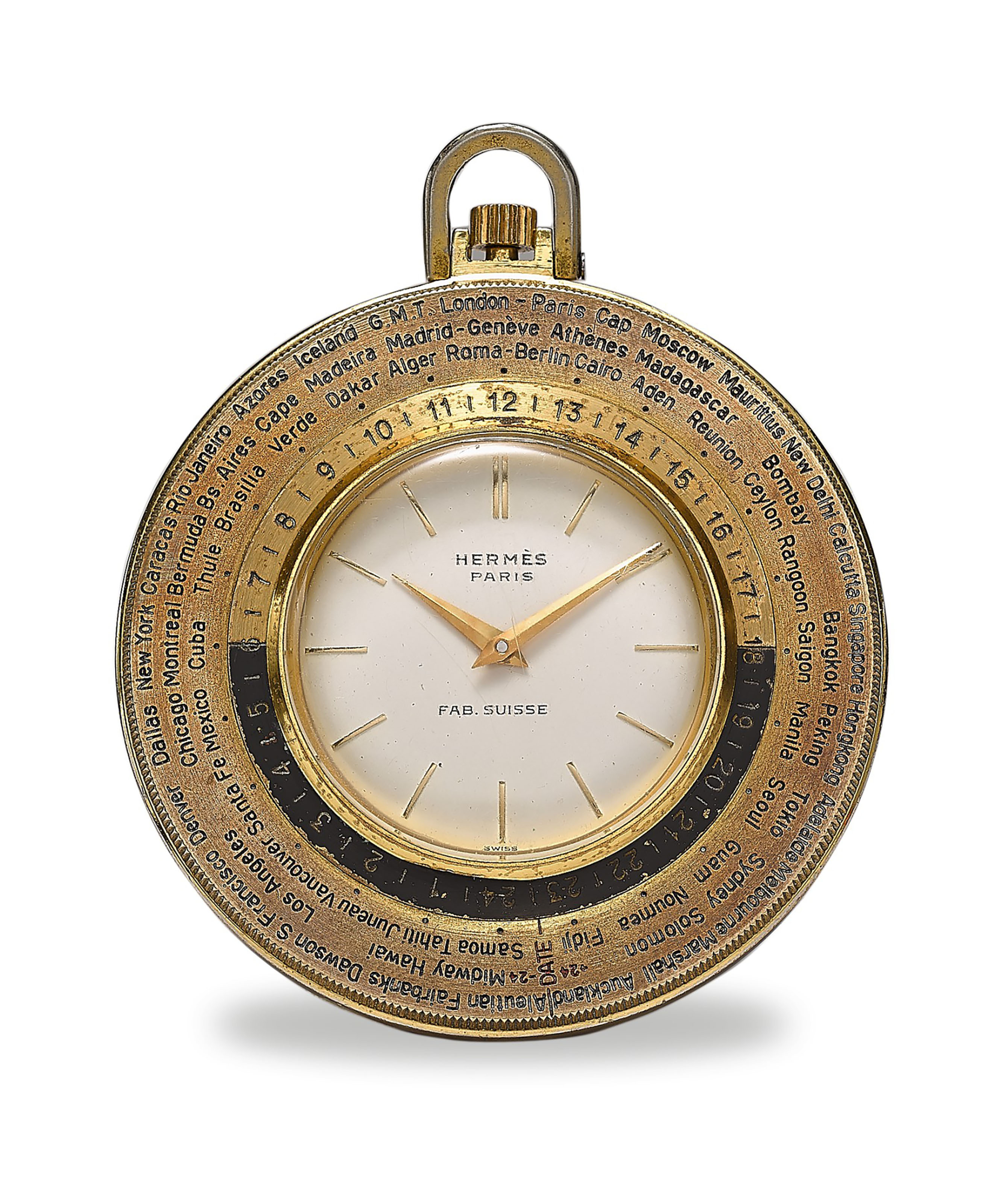 HERMES, GILT BRASS WORLD TIME POCKET WATCH, CASE NO. 24991