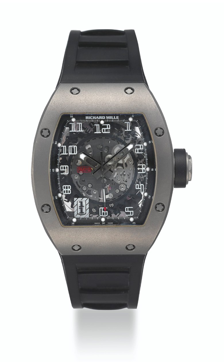 Richard Mille，“Ginza collection”限量版钛金属腕表。直径：39毫米宽，长48毫米。估价：50,000 – 80,000美元。此拍品将于2020年10月15至29日在Watches Online Dubai Edit网上拍卖中呈献