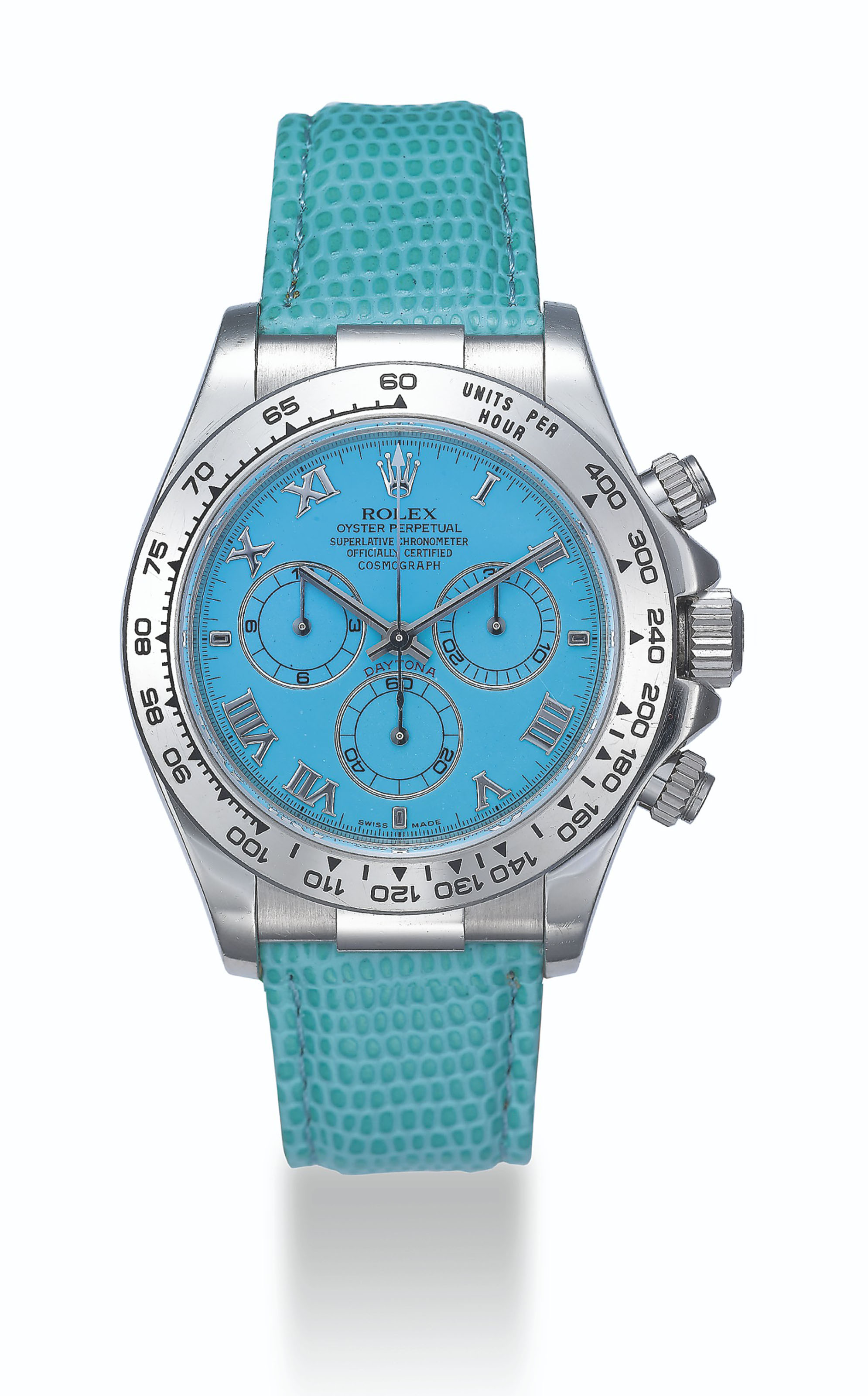 ROLEX, WHITE GOLD DAYTONA BEACH WITH TURQUOISE CHRYSOPHRASE DIAL