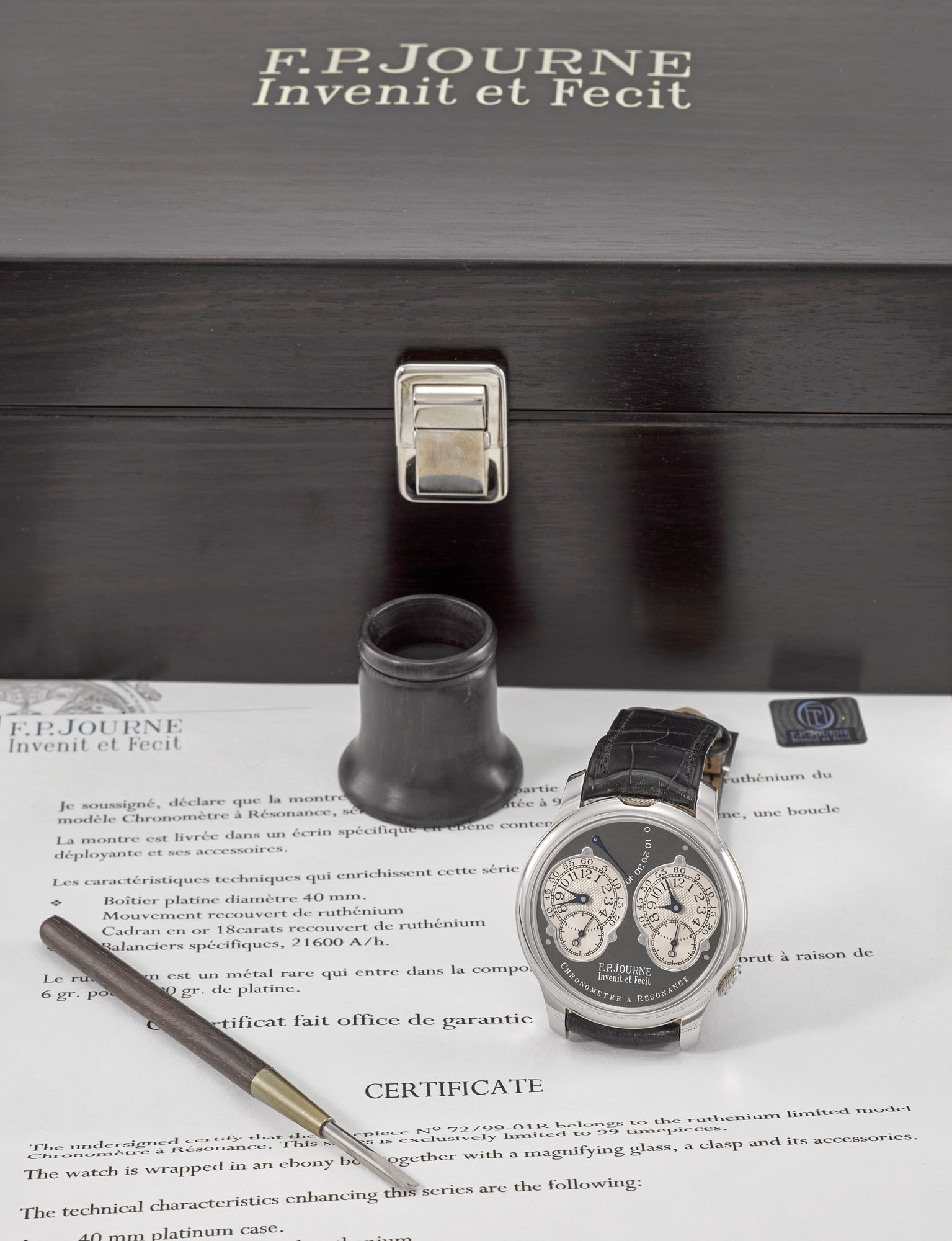 F P Journe A Very Fine And Rare Platinum Dual Time Chronometer Wristwatch With Resonance Controlled Twin Independent Gear Train Movement Power Reserve Ruthenium Plated Movement Certificate And Box