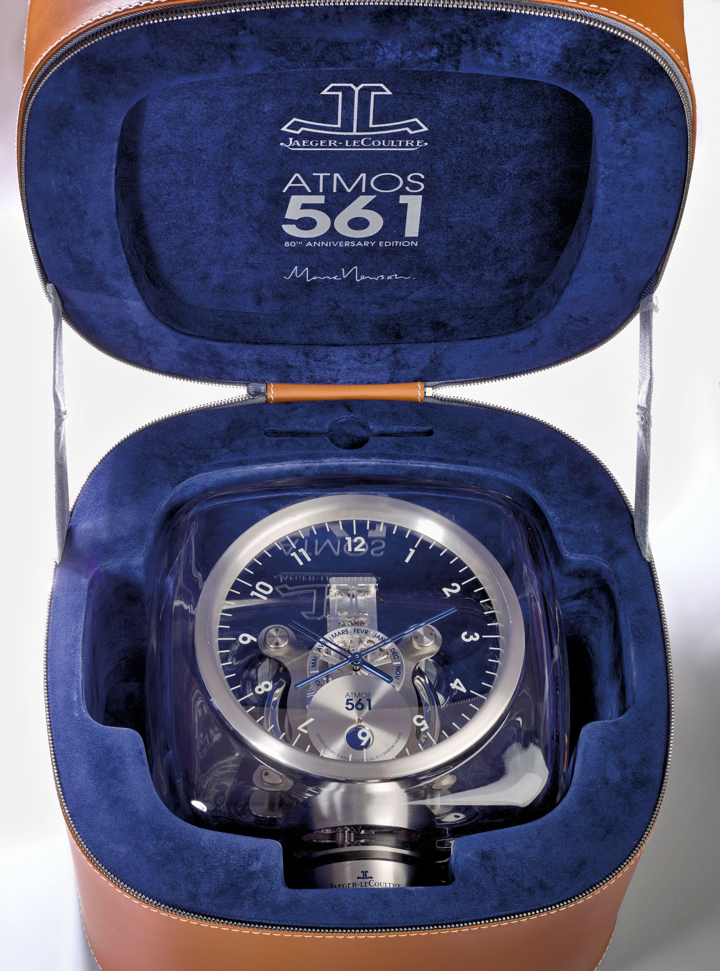 JAEGER LECOULTRE. A FINE AND HIGHLY DECORATIVE RHODIUM PLATED AND BACCARAT CRYSTAL LIMITED EDITION ATMOS CLOCK WITH MONTH INDICATION MOON PHASES CERTIFICATE OF ORIGIN AND BOX MADE TO COMMEMORATE THE 8...