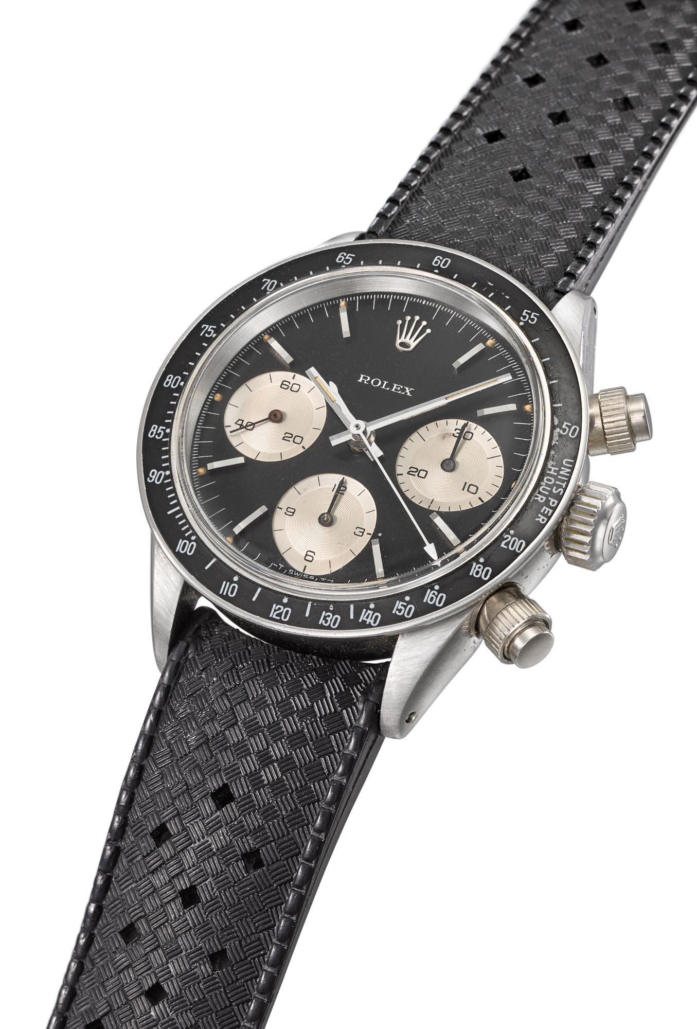Rolex. A fine, extremely rare and early stainless steel chronograph  wristwatch with black \