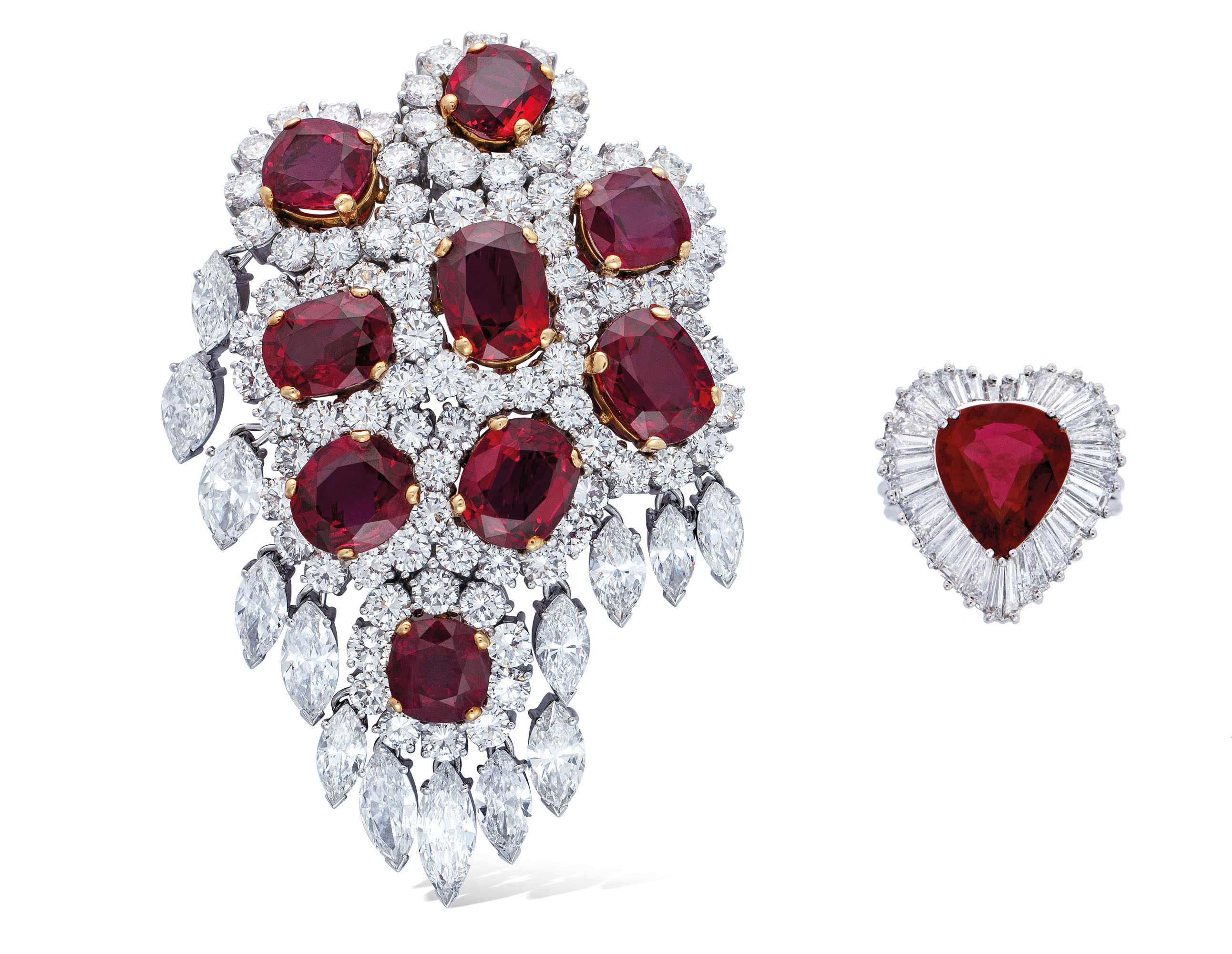 RUBY AND DIAMOND BROOCH, KUTCHINSKY, AND RUBY AND DIAMOND RING