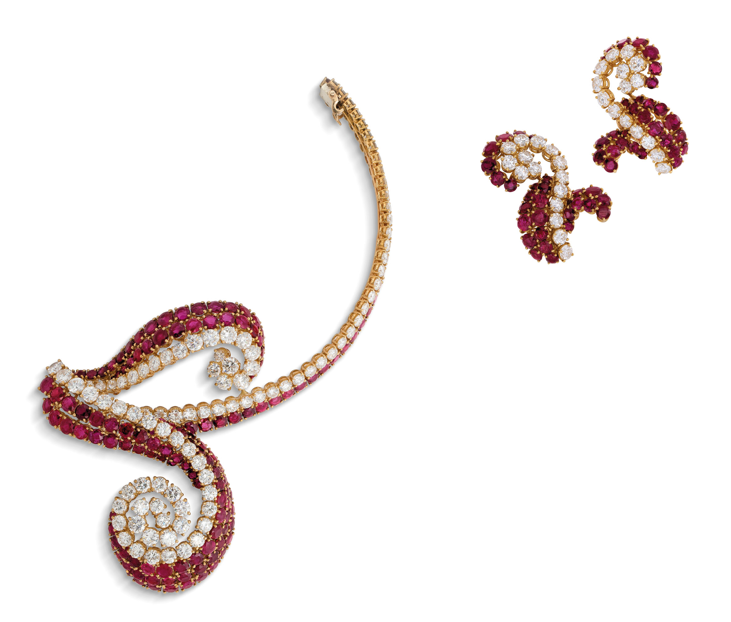 RUBY AND DIAMOND PARTIAL NECKLACE AND EARRING SET, M. GÉRARD | Christie's