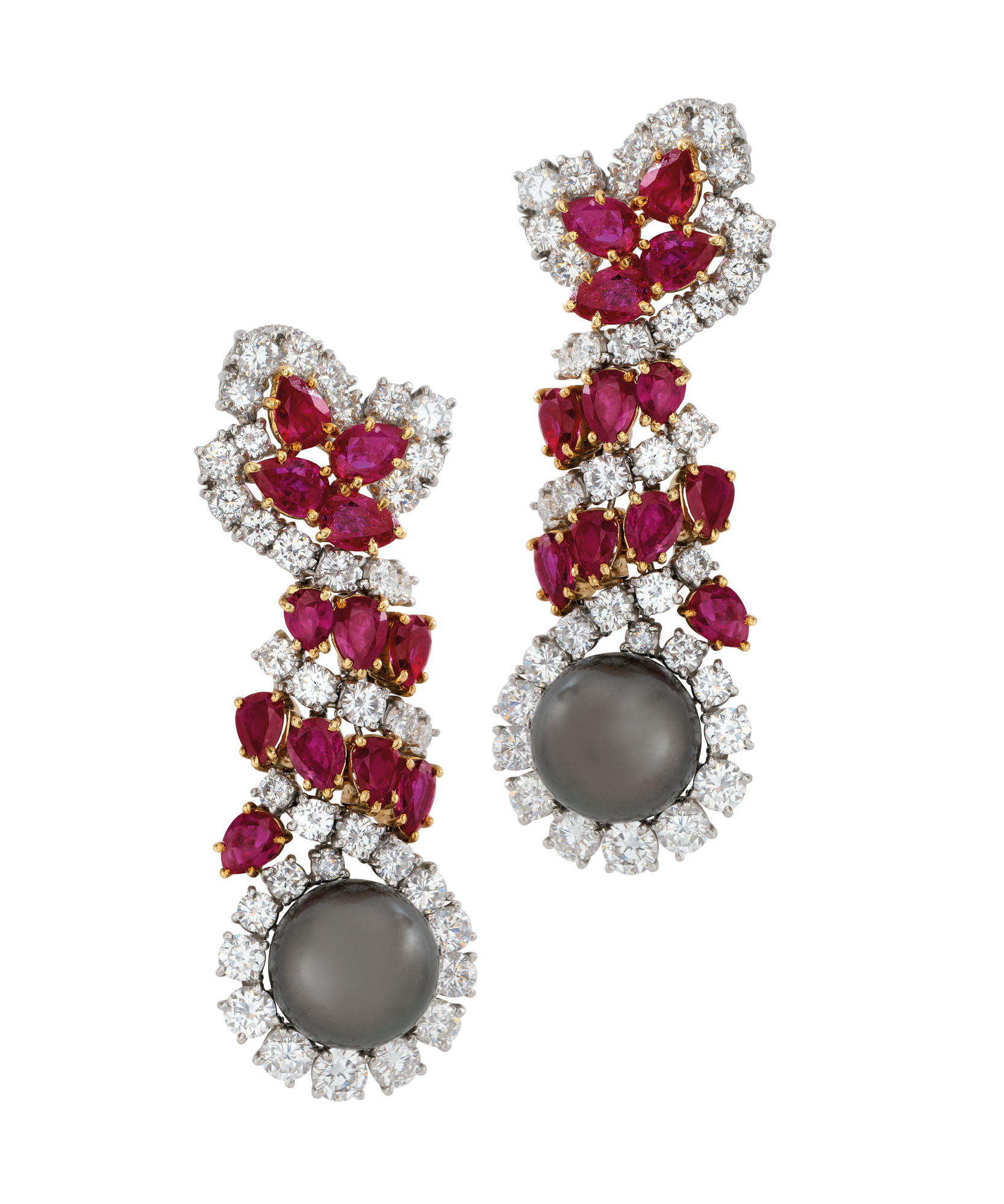 COLOURED CULTURED PEARL, RUBY AND DIAMOND EARRING AND RING SET, HARRY WINSTON