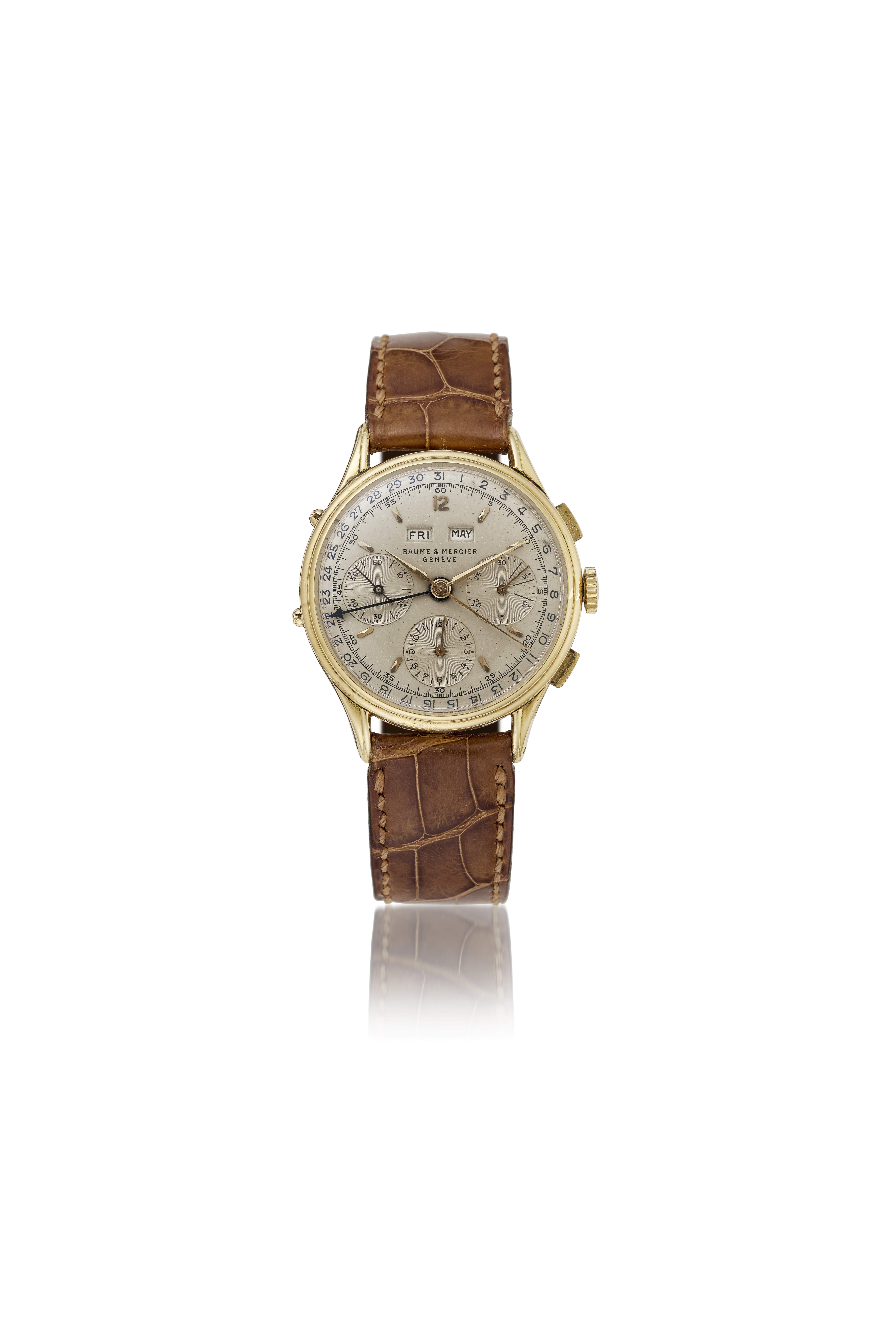 BAUME & MERCIER, YELLOW GOLD TRIPLE CALENDAR CHRONOGRAPH WRISTWATCH