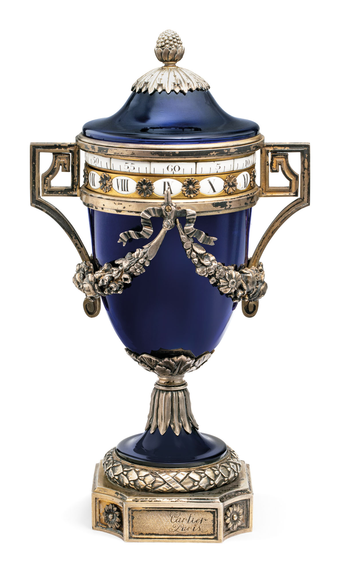 Early 20th-century glass, silver and enamel urn clock by Cartier, 1904, sold for CHF 62,500 on 21 July 2020 at Christie's Online