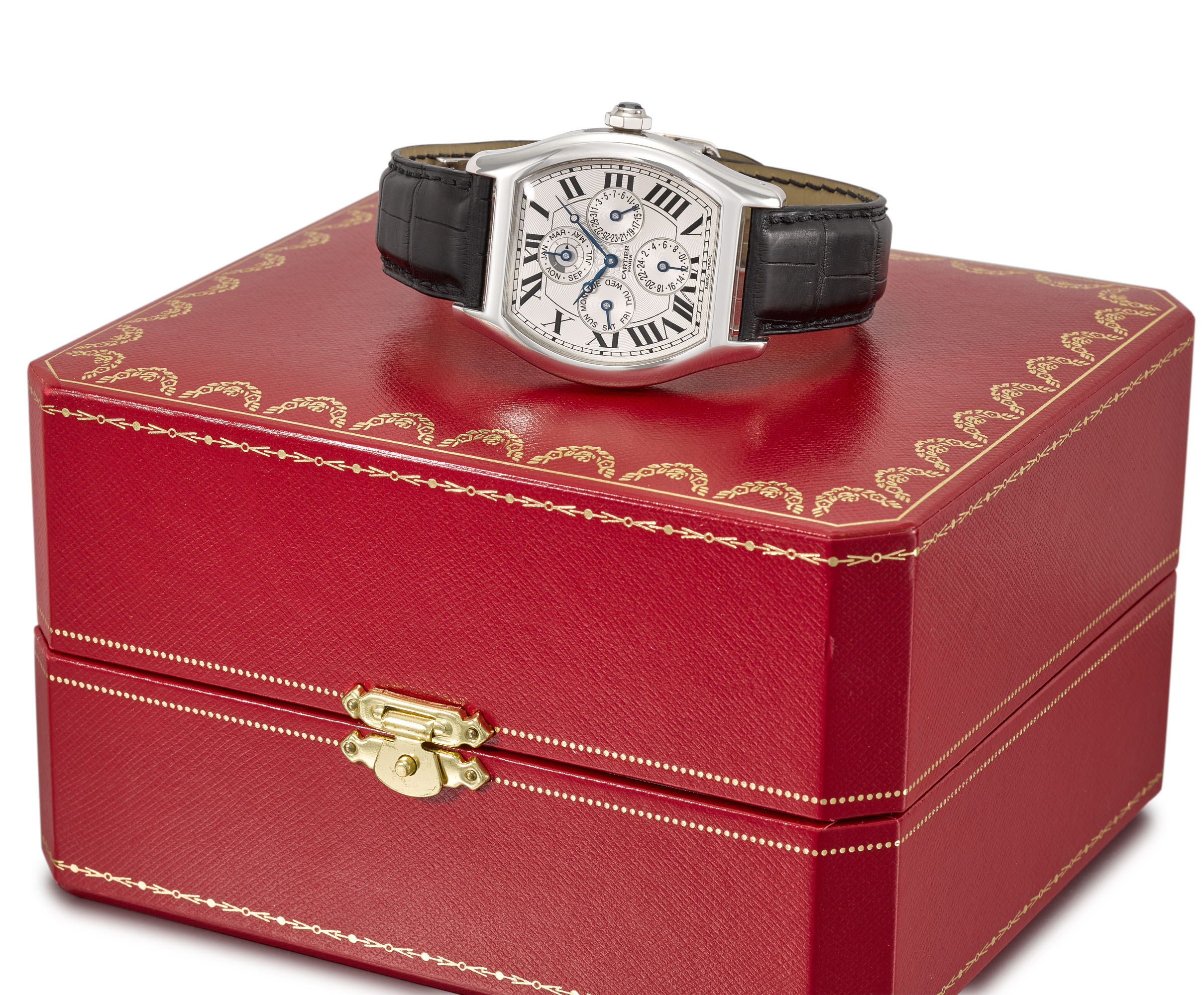 CARTIER, PLATINUM CARTIER TORTUE PERPETUAL CALENDAR DUAL TIME